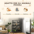 Rodent Cage with 4 Multi-Level Entrances and Hammock, Metal and PP, 80x52x128 cm, Silver and Grey