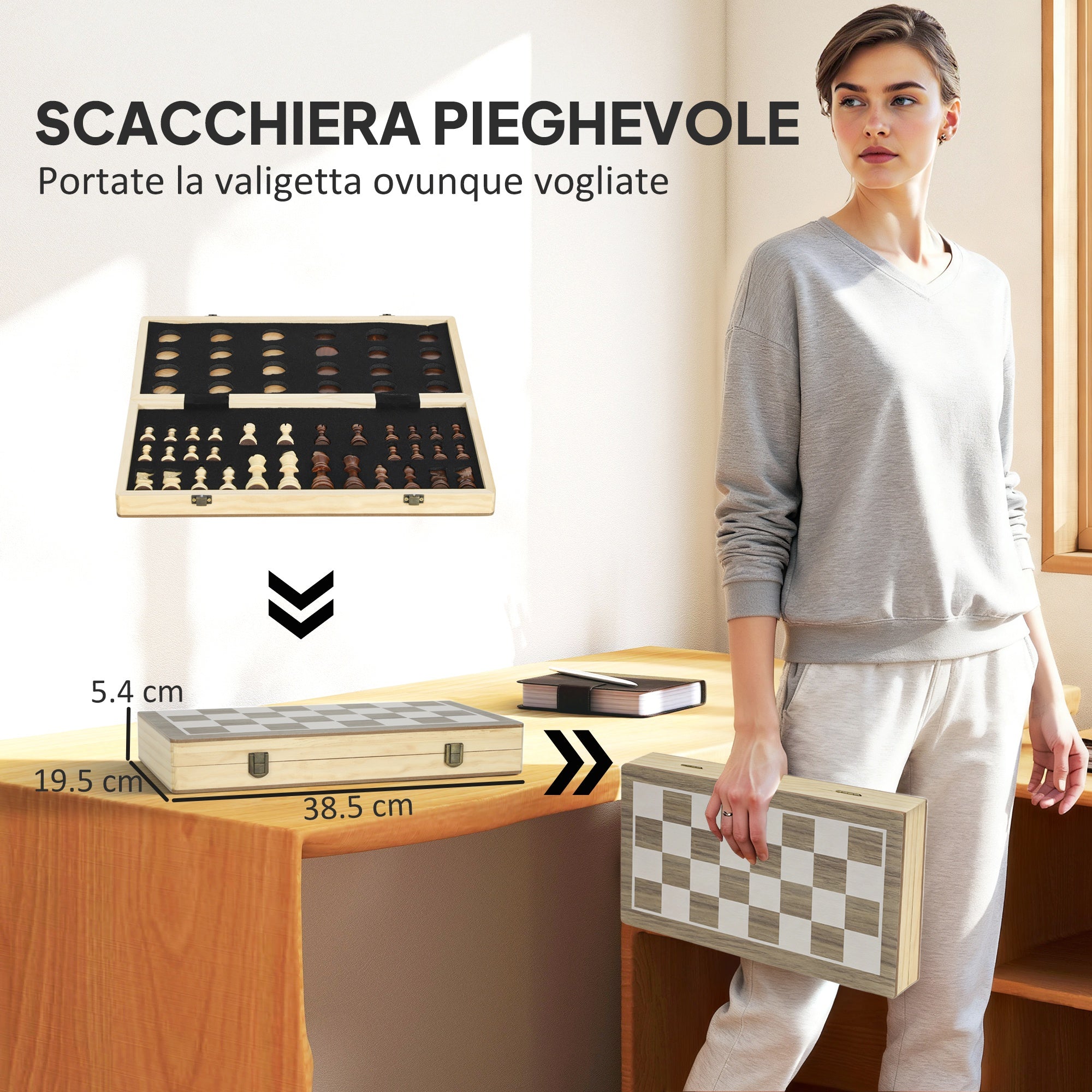 SPORTNOW Folding Chess and Checkers Board with Compartments, Wood and Metal, 38.5 x 38.5 x 2.8 cm, Black and White