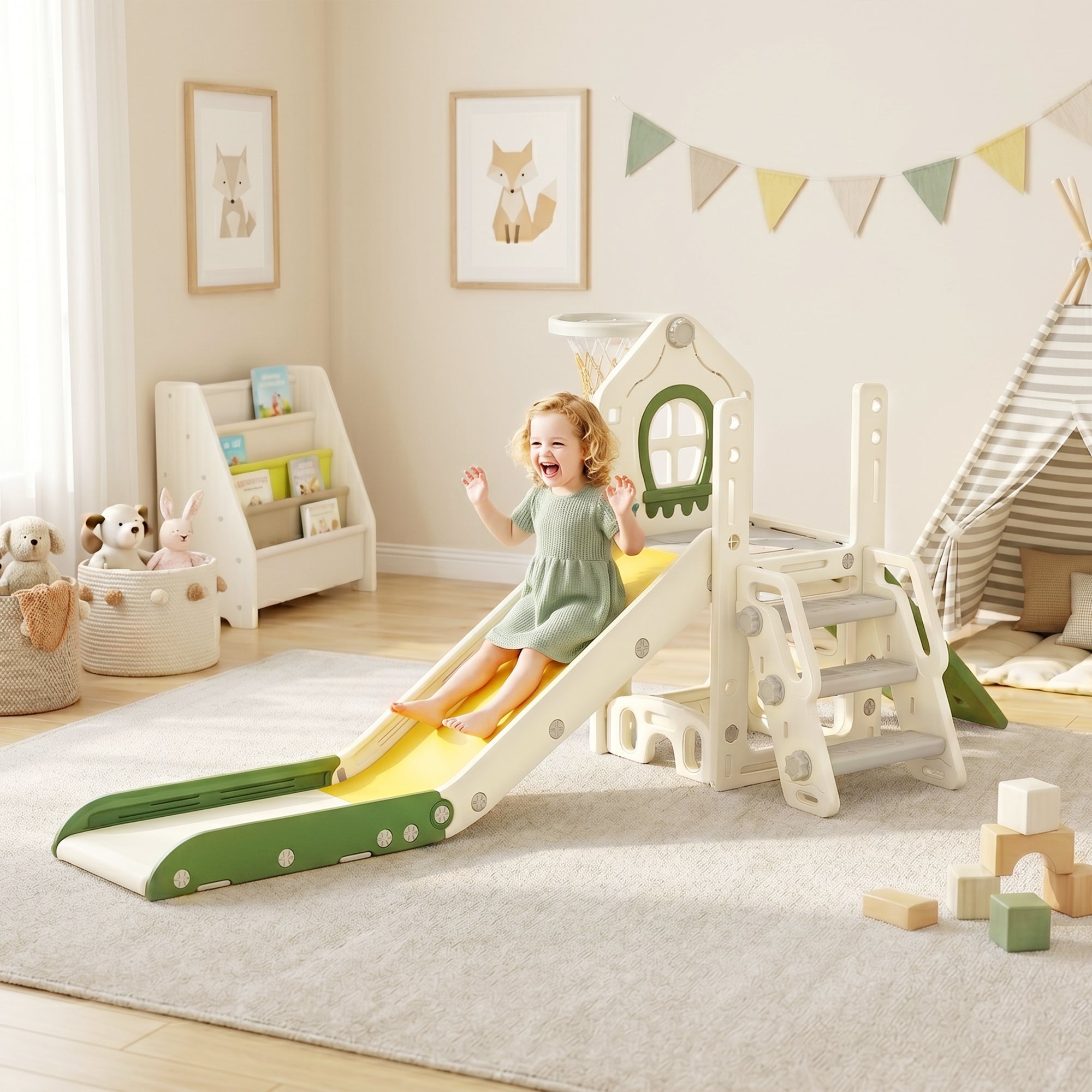 AIYAPLAY Slide for Children 1-3 Years with Climbing Frame, Basketball Hoop, Storage Space, Non-Slip Steps, Cream