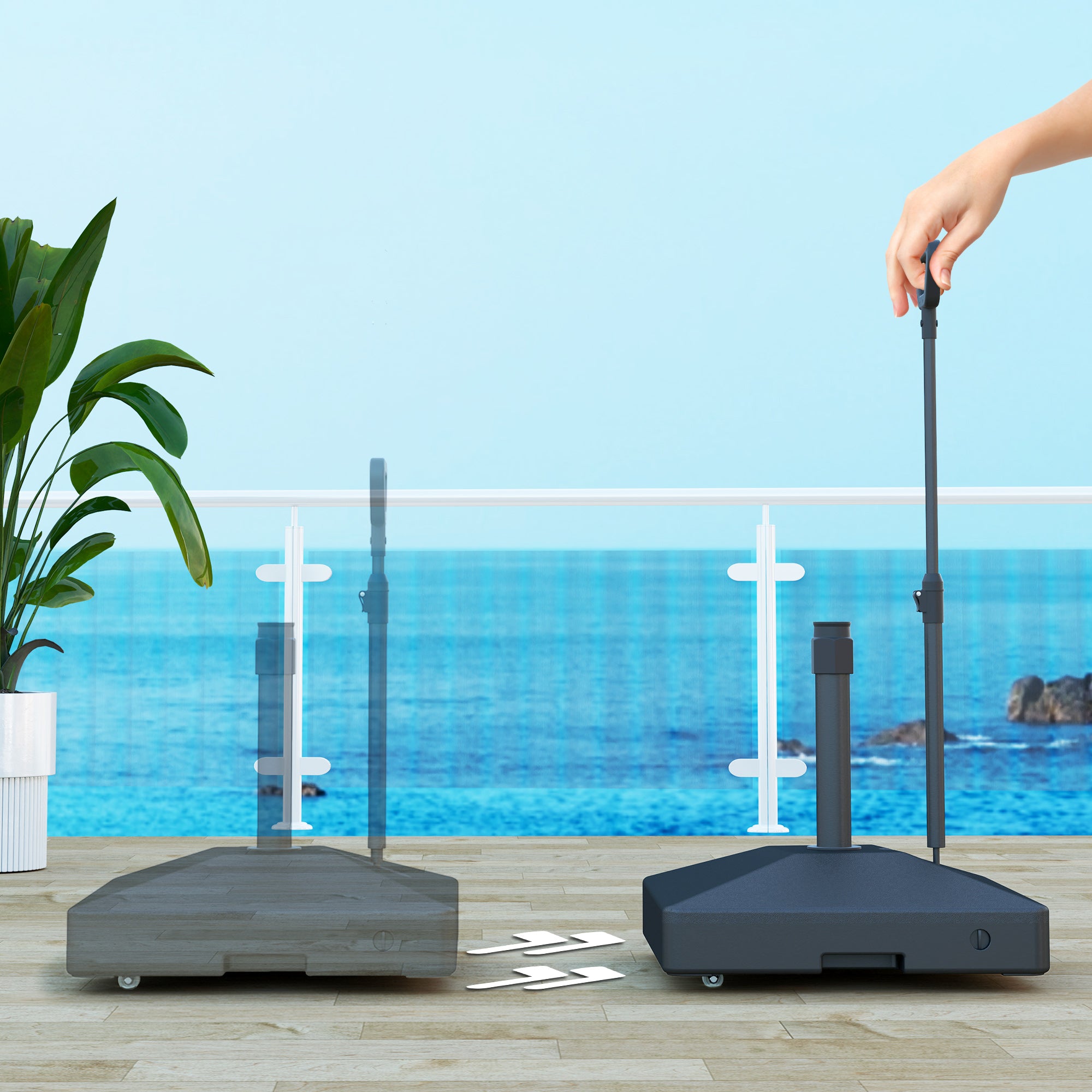 HDPE Umbrella Base with Handle and Wheels and Fillable with Water or Sand, 60x60x100 cm, Black