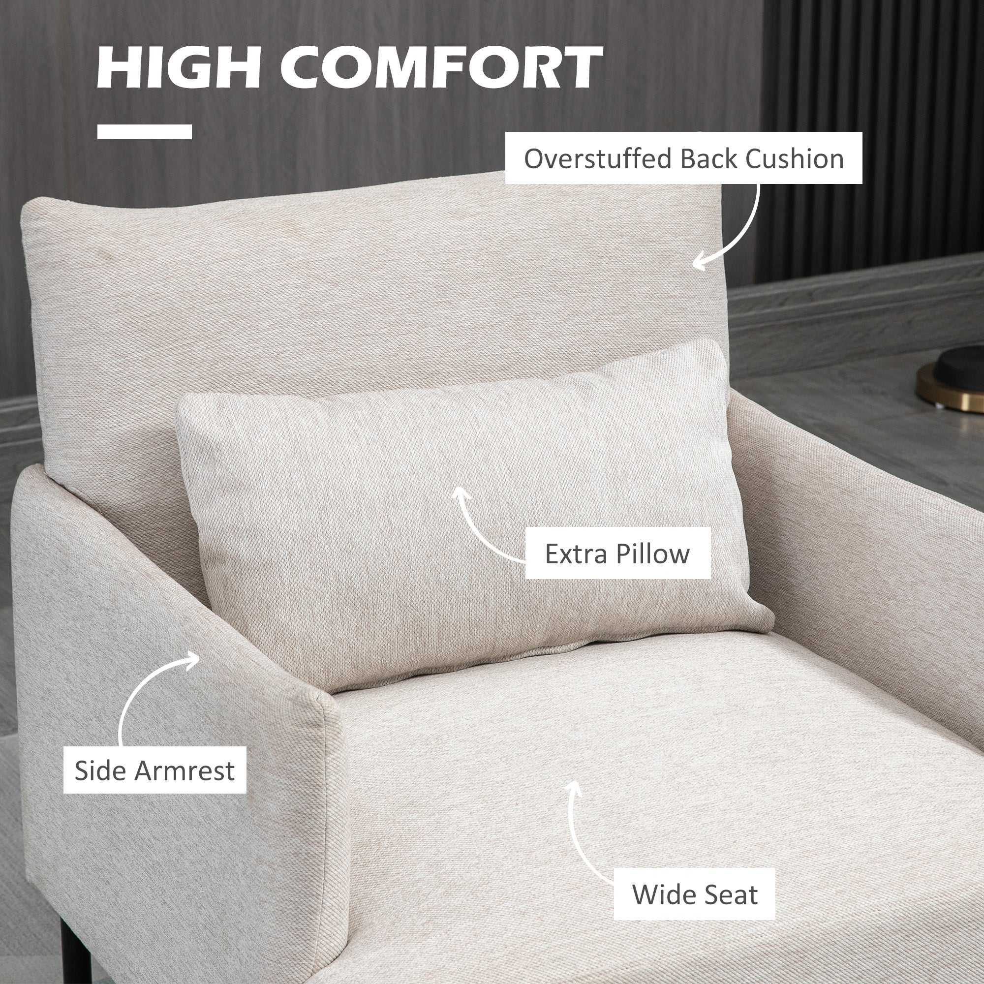 Homcom Modern Furnishing Armchair With Extra Cushion, In Line Effect and Steel Fabric, 73x81x82 cm, Cream White - Borgè