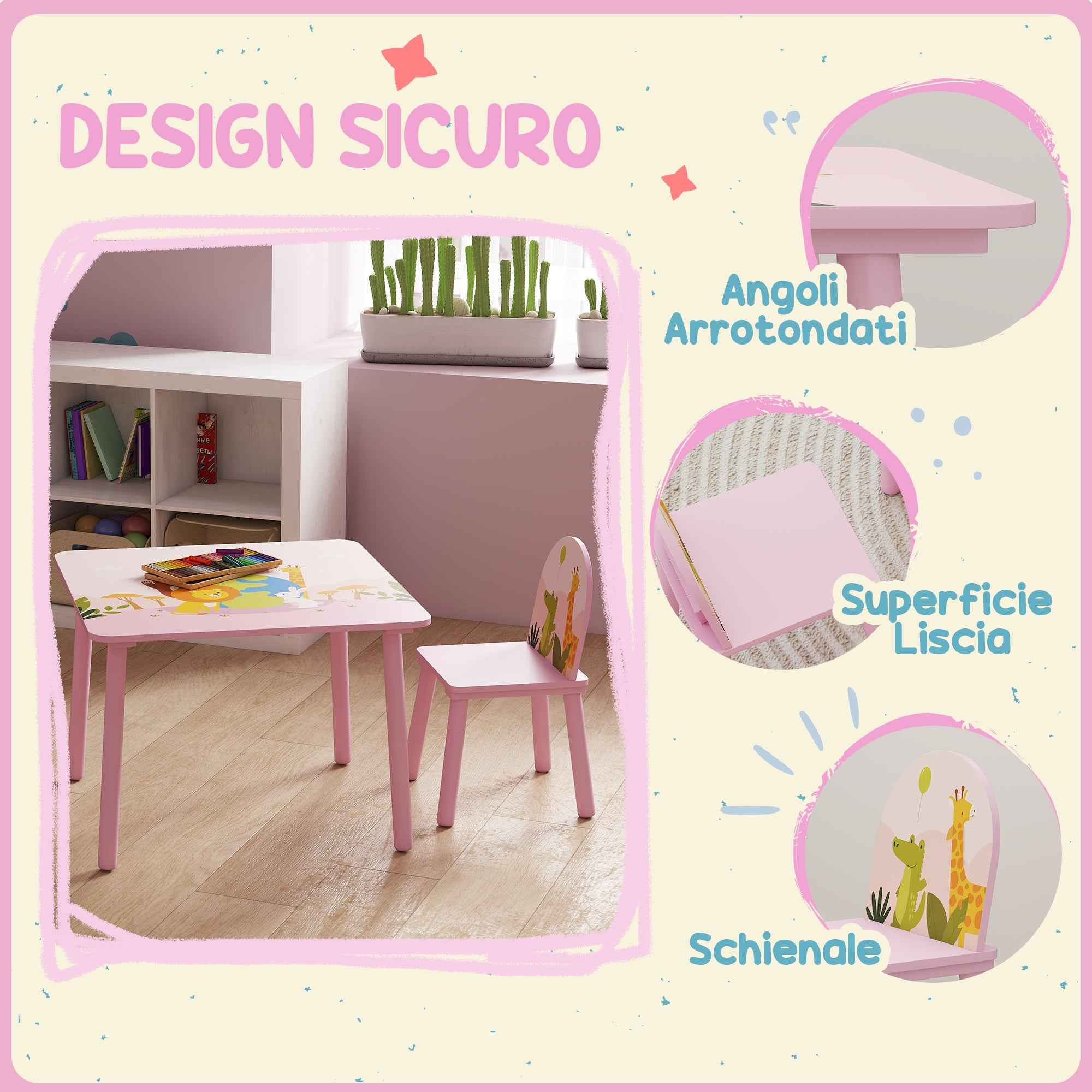 AIYAPLAY Children's Table and Chair Set for 3-8 Years Old with Animal Patterns and Rounded Edges, in MDF and Pink Pine Wood