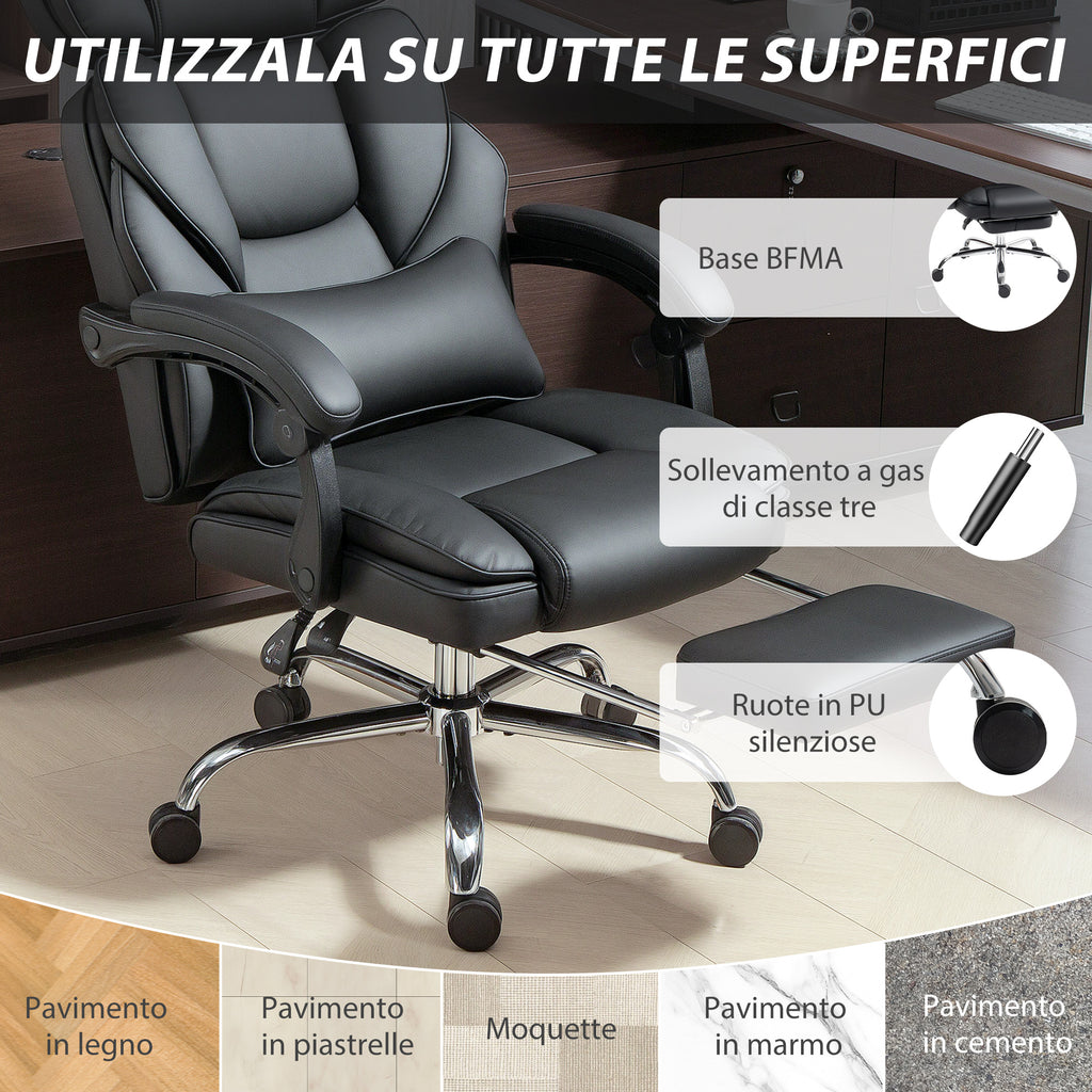 PU Leather Office Chair with Footrest, Adjustable Headrest and Lumbar Support, Black