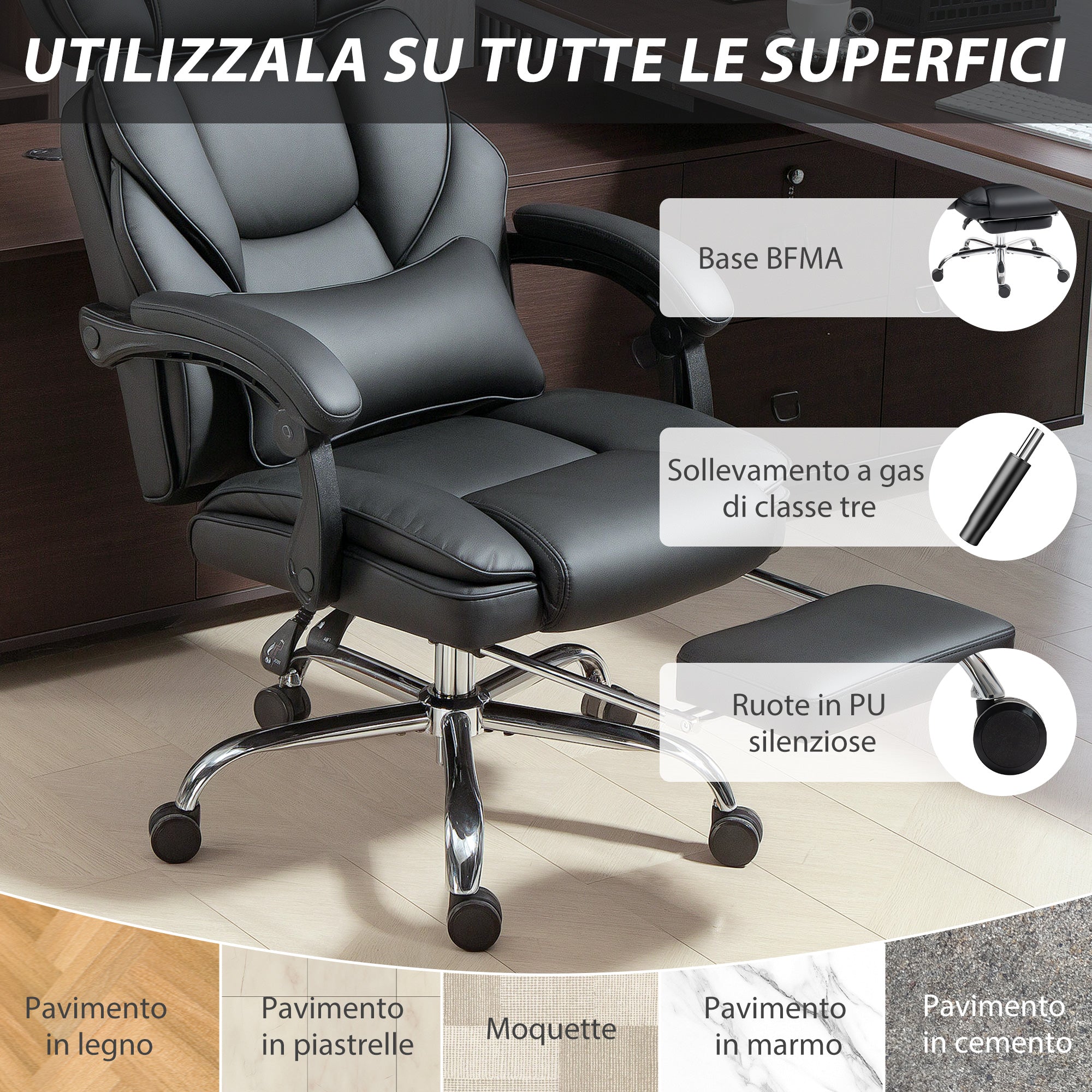 PU Leather Office Chair with Footrest, Adjustable Headrest and Lumbar Support, Black