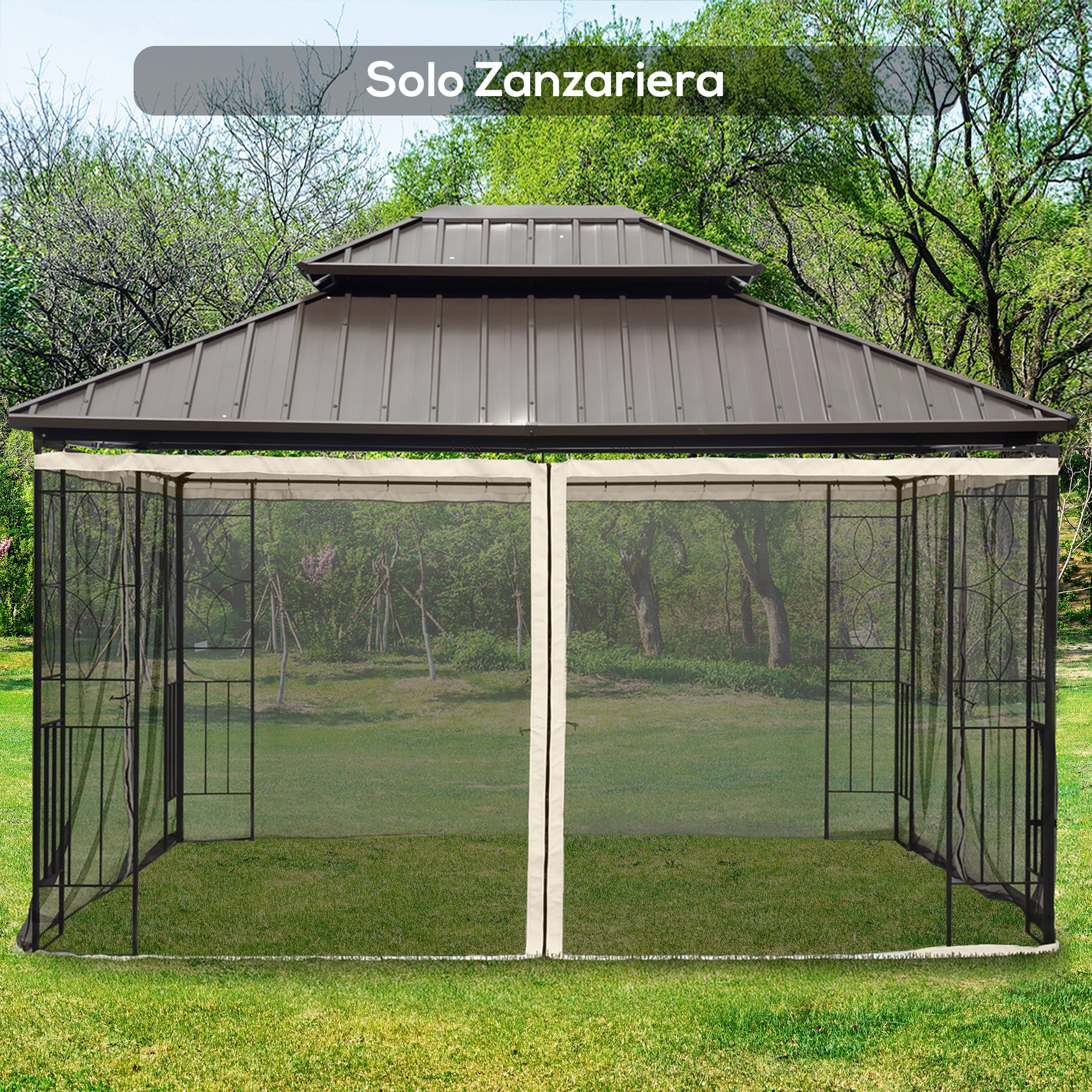 Outsunny Universal Replacement Gazebo Mosquito Net with Zippers, 335x207cm - Black and Beige