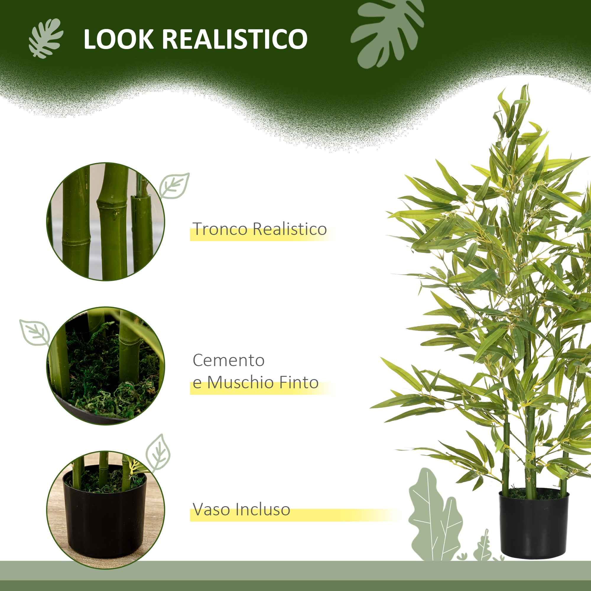 HOMCOM Artificial Bamboo Plant 90cm Tall with 504 PEVA and PP Leaves, Green, with a Ø15x12.5cm Cement Pot