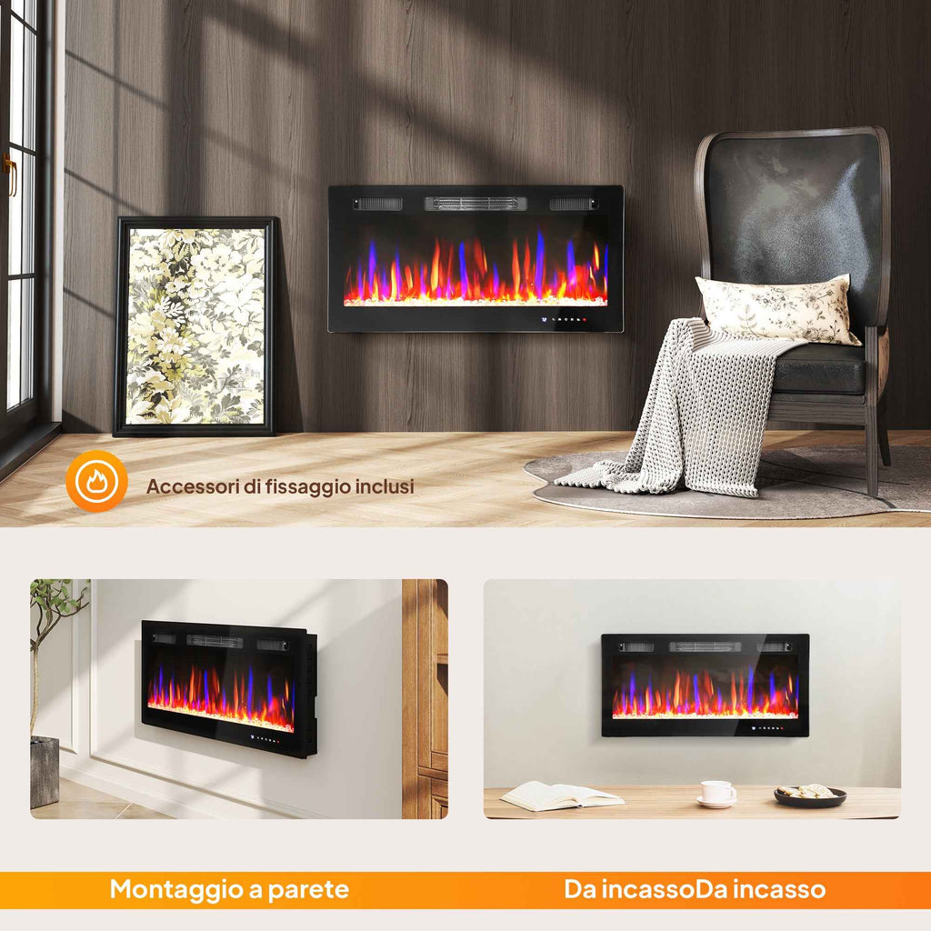 HOMCOM Built-in or Wall-Mounted Electric Fireplace with Adjustable Temperature, Steel and Glass, 91.4 x 9.4 x 47 cm, Black