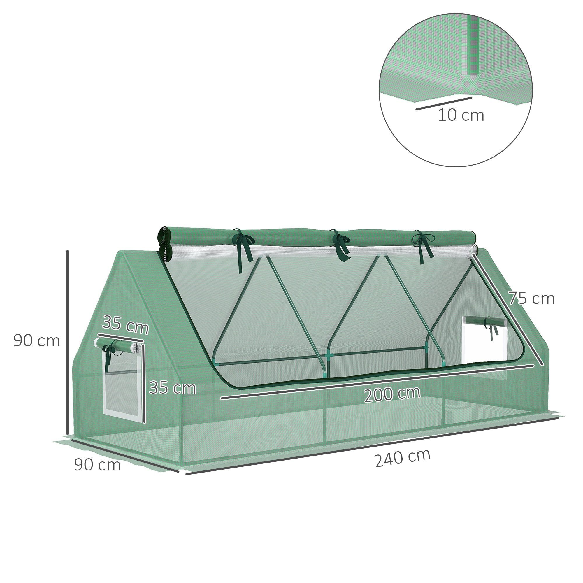Small Greenhouse with 2 Side Windows and Central Window, in Steel, PE and PP, 240x90x90 cm, Green