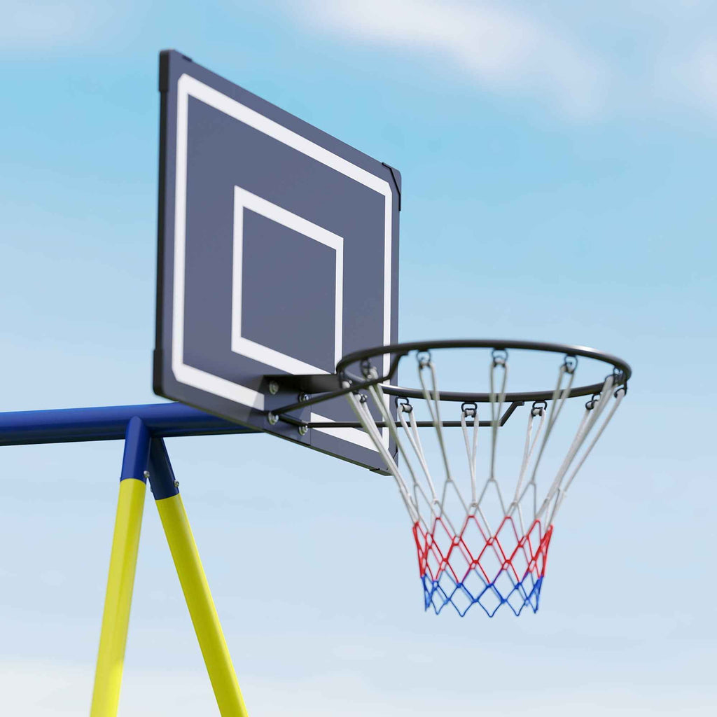 4-in-1 Garden Swing Set for Kids Ages 3-8 with 2 Swings, Basketball Hoop and Soccer Goal