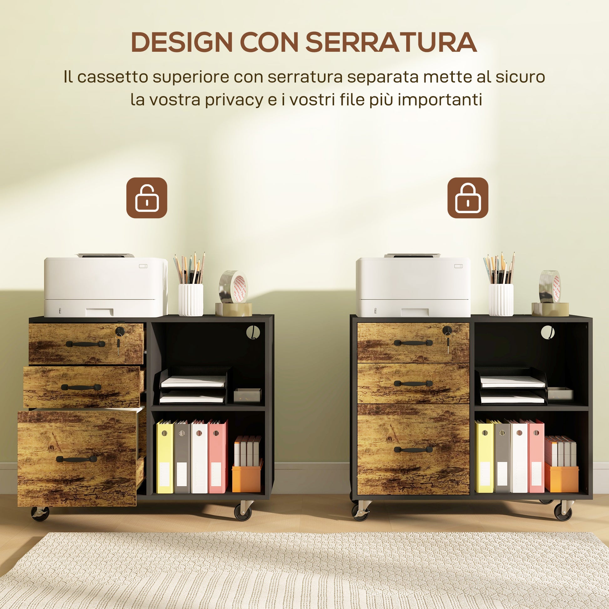 HOMCOM Printer Cabinet with 3 Drawers, 2 Open Shelves and Cable Hole, in MDF, 80x40x65.5 cm, Brown and Black - Borgè