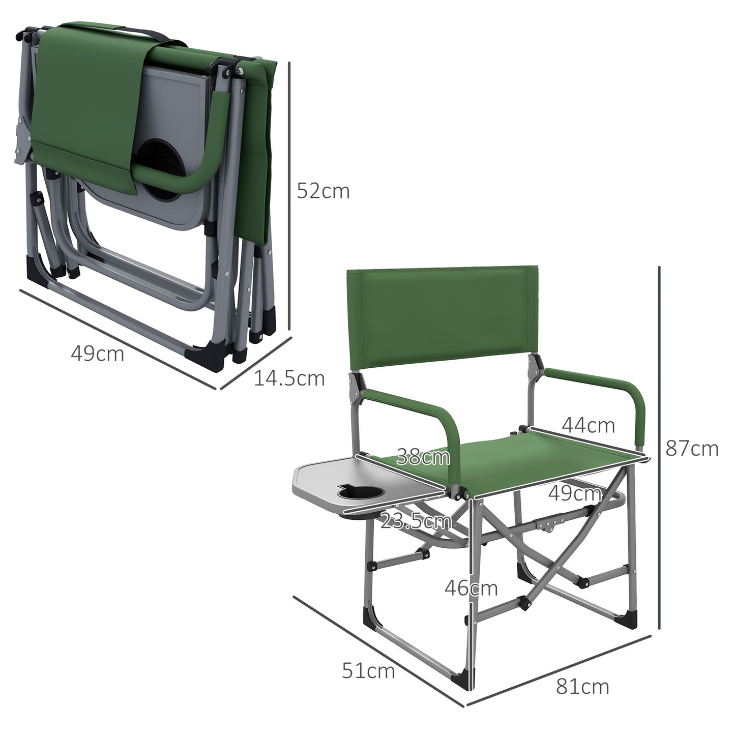 Outsunny Folding Camping Chair with Side Table, in Metal and Oxford Fabric, 81x51x87 cm, Green - Borgè