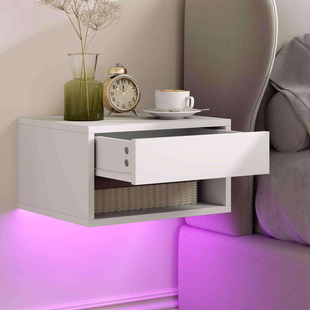 HOMCOM Set of 2 Wall-Mounted Bedside Tables with Built-in RGB LED Lights and APP Control, Drawer and Shelf, 37x32x21 cm, White