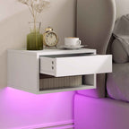 HOMCOM Set of 2 Wall-Mounted Bedside Tables with Built-in RGB LED Lights and APP Control, Drawer and Shelf, 37x32x21 cm, White
