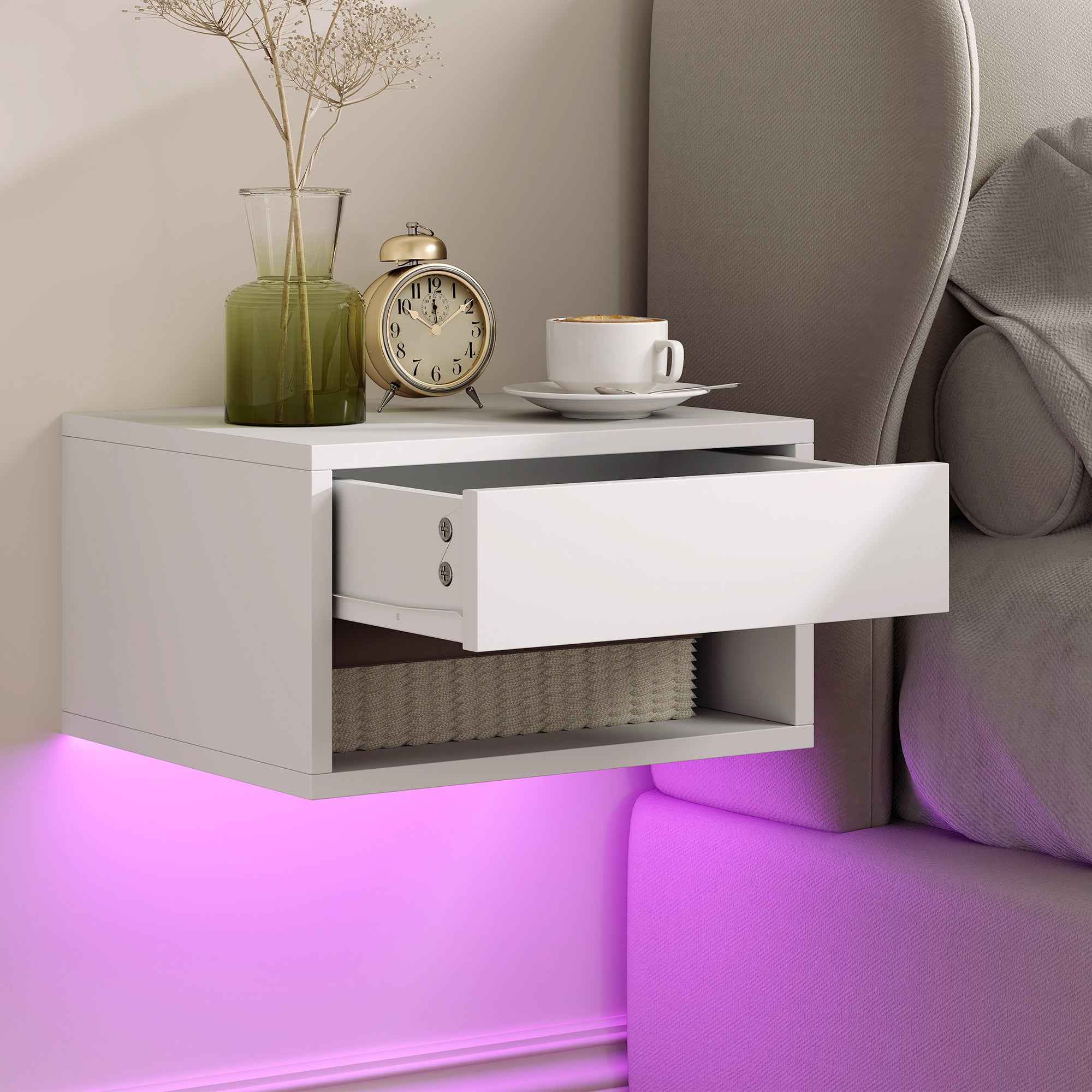 HOMCOM Set of 2 Wall-Mounted Bedside Tables with Built-in RGB LED Lights and APP Control, Drawer and Shelf, 37x32x21 cm, White