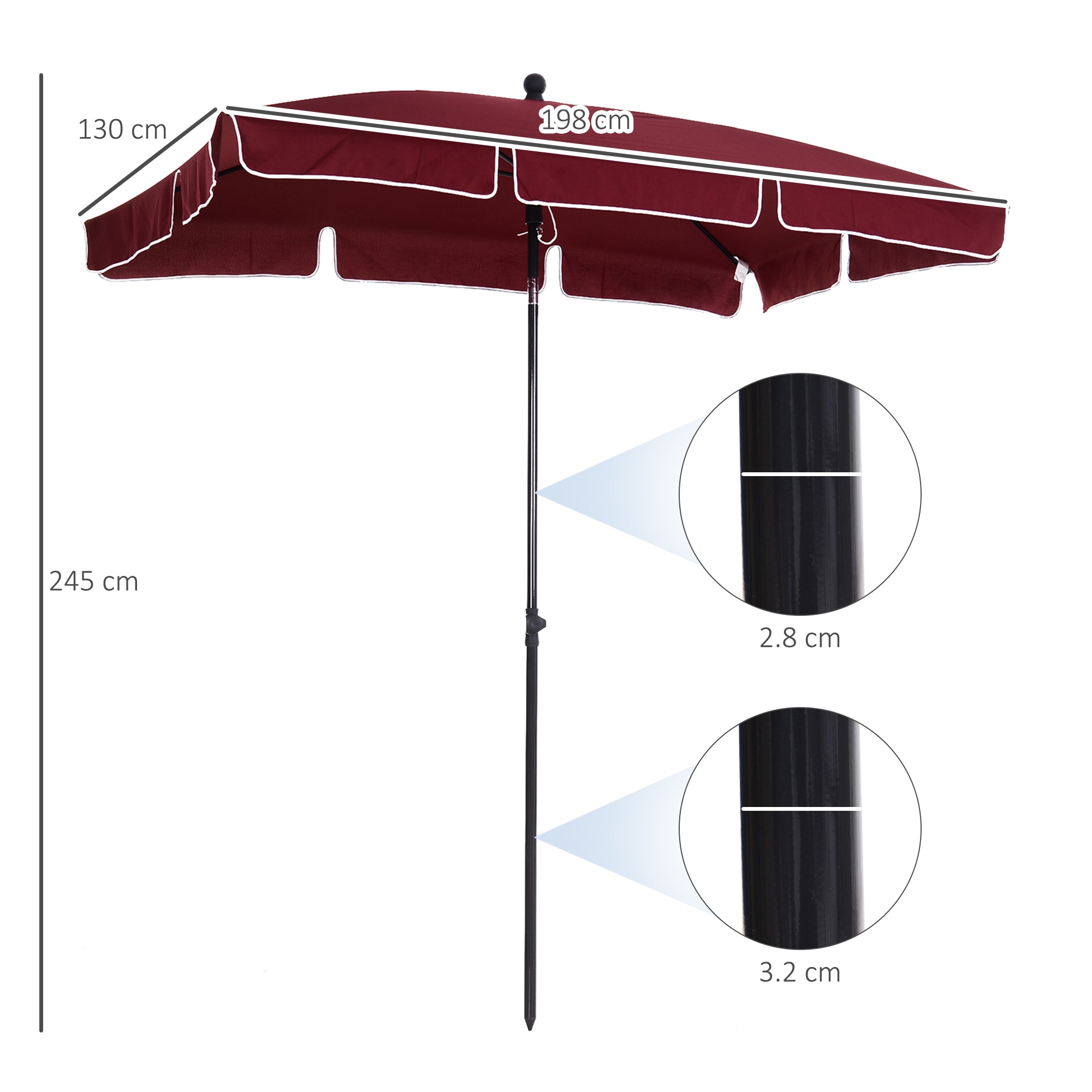 Rectangular and Adjustable Garden Umbrella with Aluminum Pole, 2x1.3x2.5 m, Wine Red