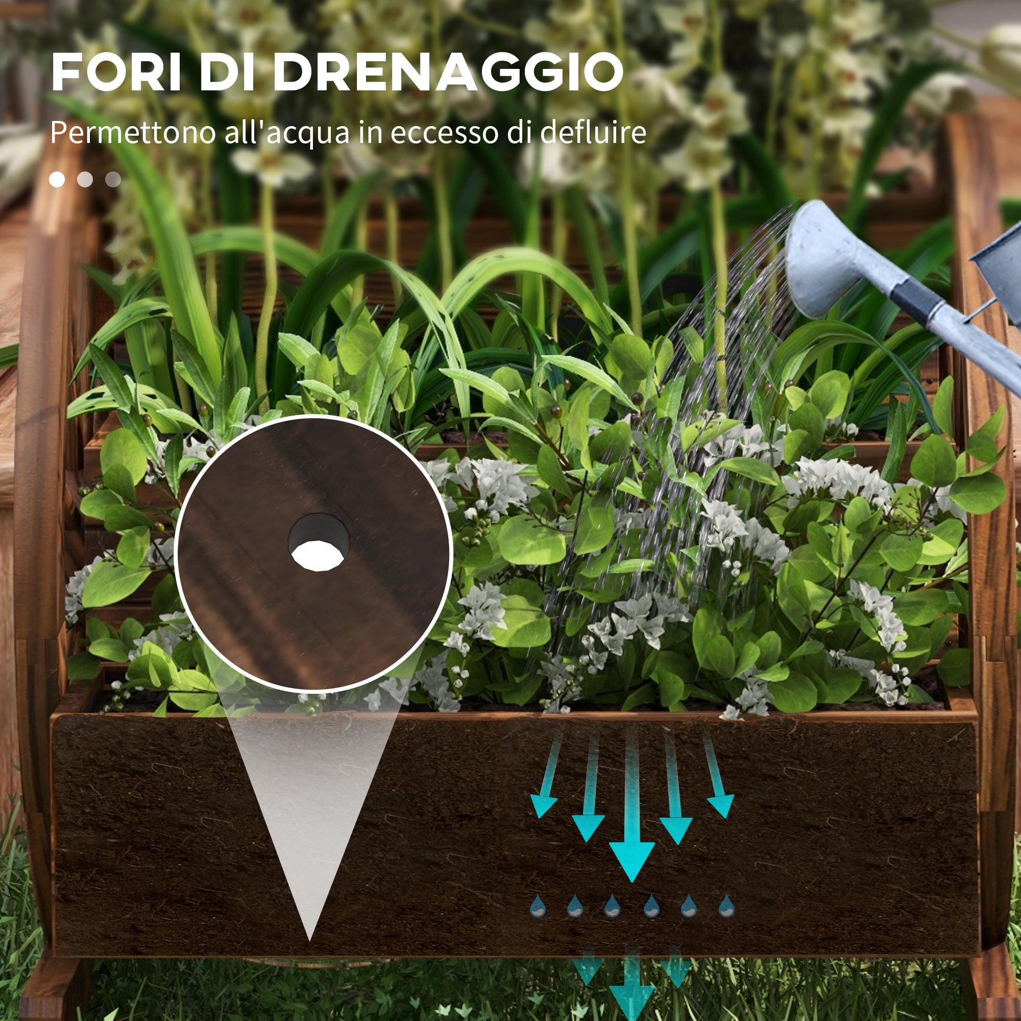 Outsunny 3-Tier Outdoor Planter with Decorative Wheels Made of Carbonized Fir Wood, 62x61x57 cm
