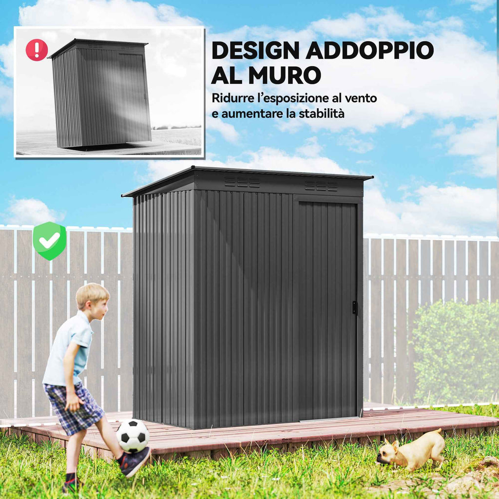Outsunny Metal Garden Shed with Vents and Sliding Door, 159x106x181 cm, Dark Grey