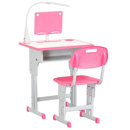 School Desk with Chair for Children 6-12 Years Adjustable Height, LED Lamp, Lectern and Pen Holder, Steel and MDF, Pink - Borgè