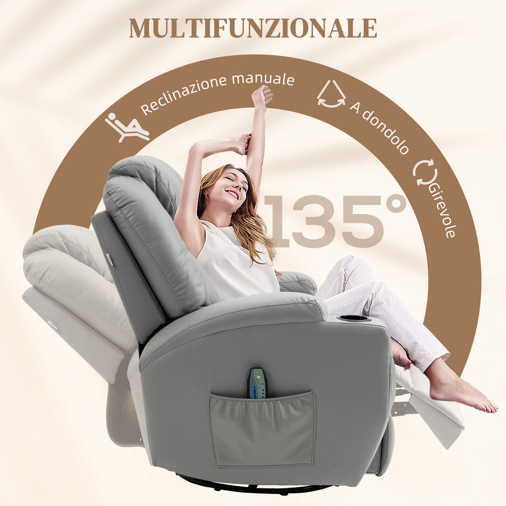 Massage Recliner Chair with Footrest and Remote Control, PU Leather, 89x99x106 cm, Grey