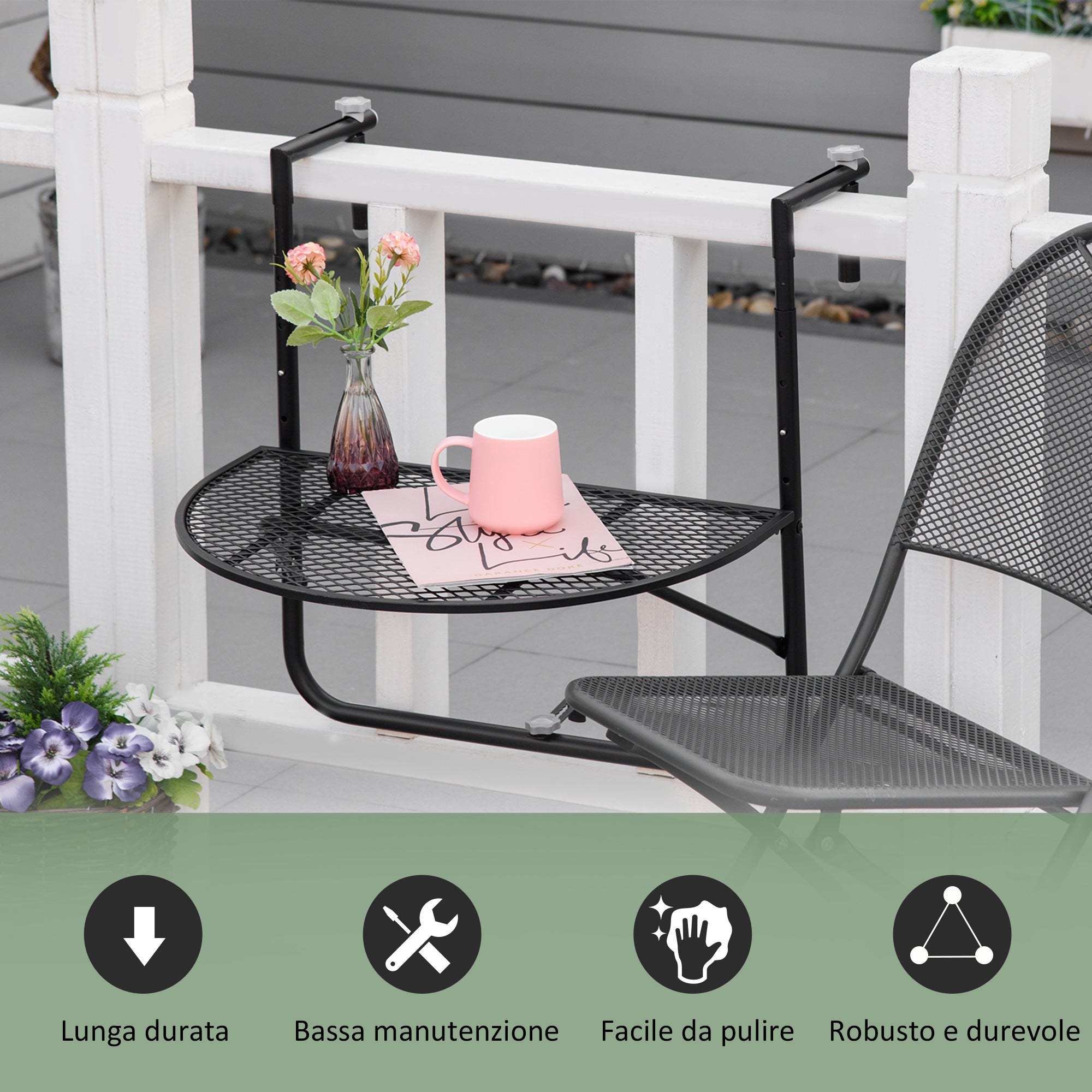 Folding and Adjustable Metal Railing Table, 60x60x57-72cm, Black