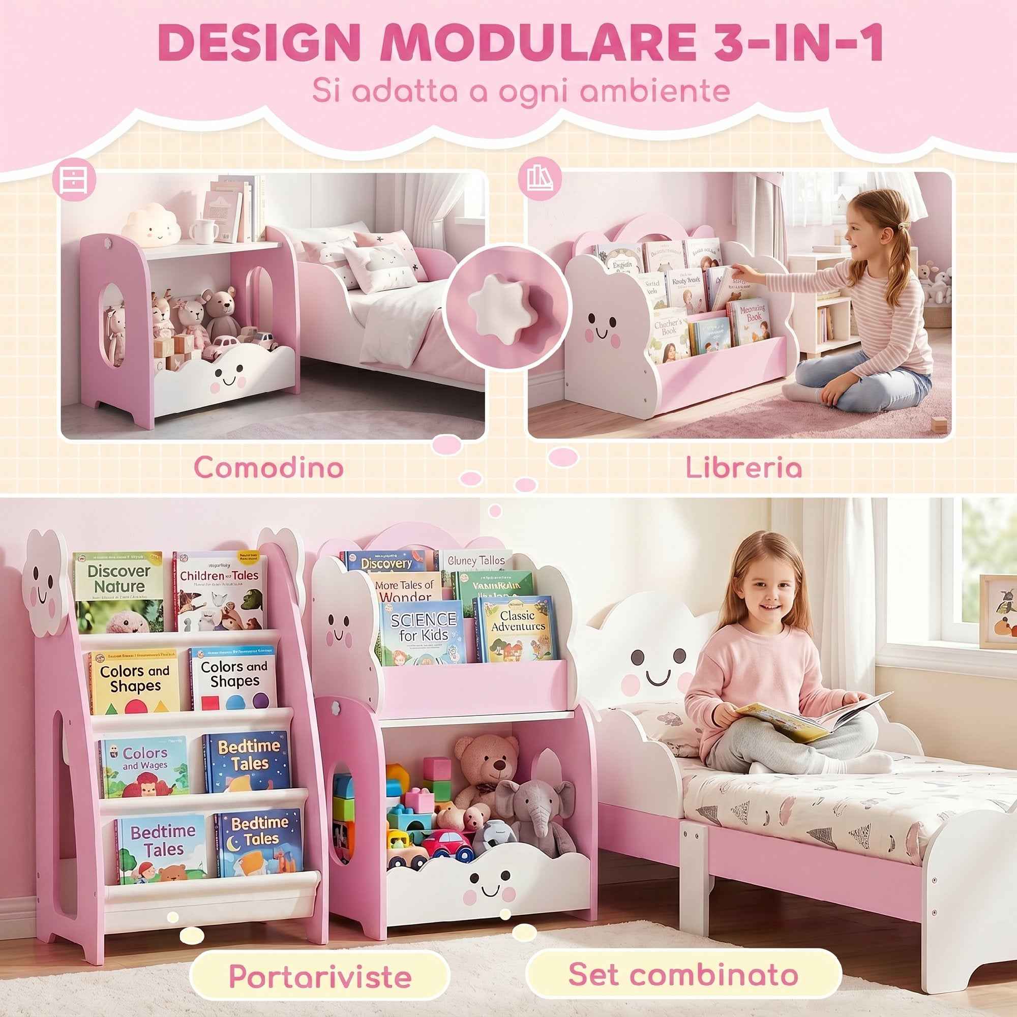AIYAPLAY Children's Wooden Cabinet with Magazine Rack, 3-Tier Bookcase and Bedside Table, 85.5x32x72 cm, Pink and White