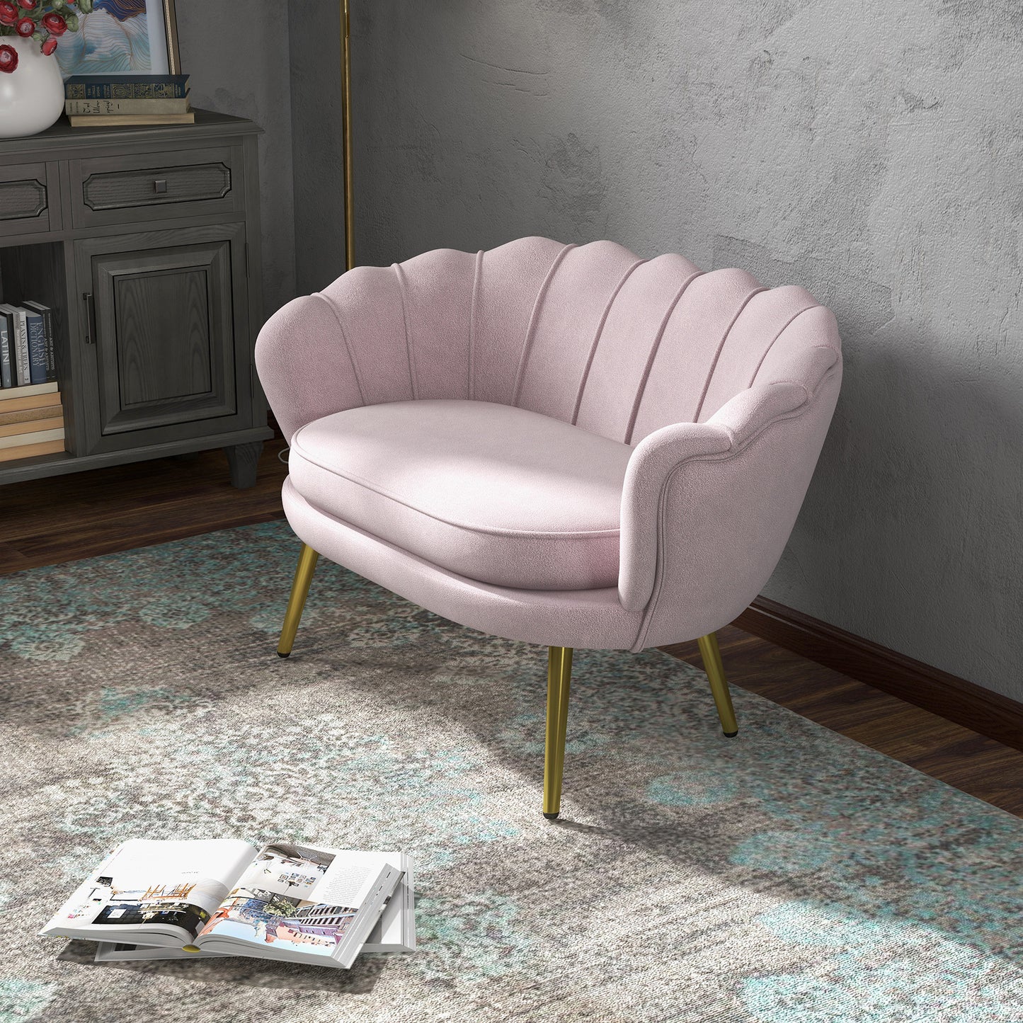 Vintage 2-Seater Sofa in Industrial Chic Style in Velvet Effect Fabric and Metal, 130x77x77 cm, Pink