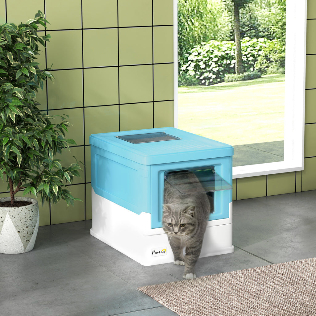 Enclosed Cat Litter Box with Scoop, Removable Tray and 2 Doors, 47.5x35.5x36.7cm, Blue