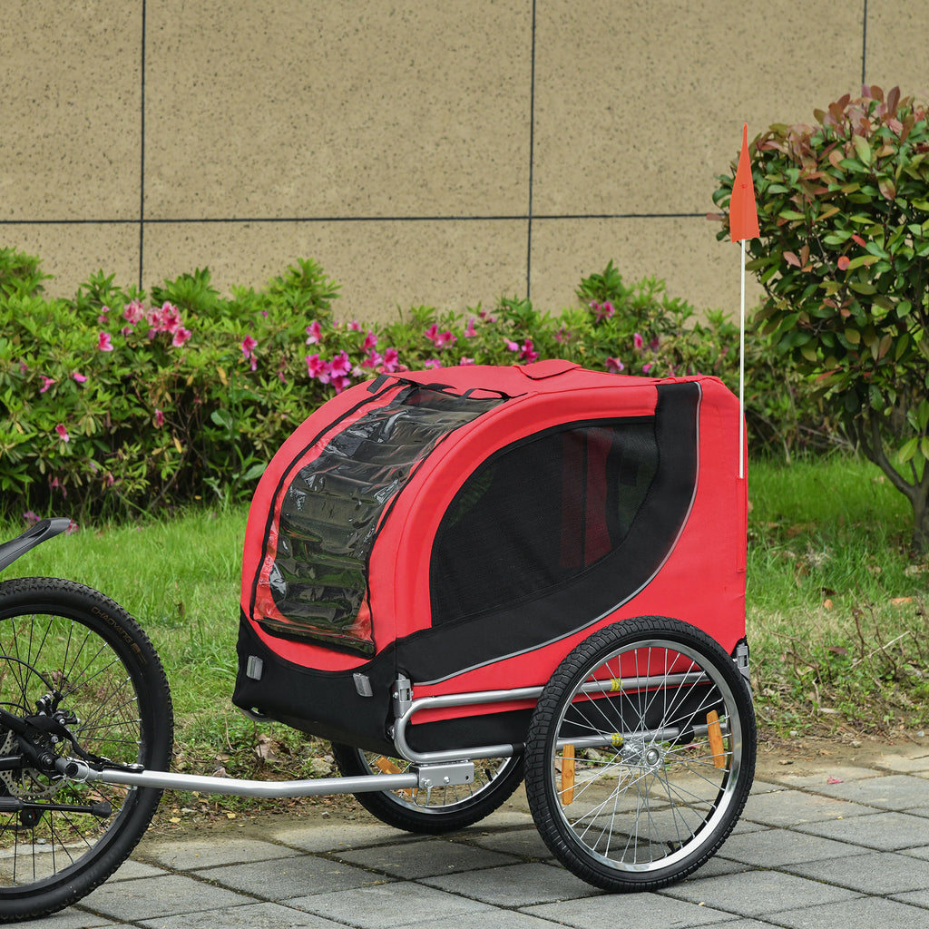 Medium Dog Bike Trailer with Attachment Point, Side Windows and Flag, Steel and Oxford Fabric Bike Trailer, 130x73x90 cm, Red and Black