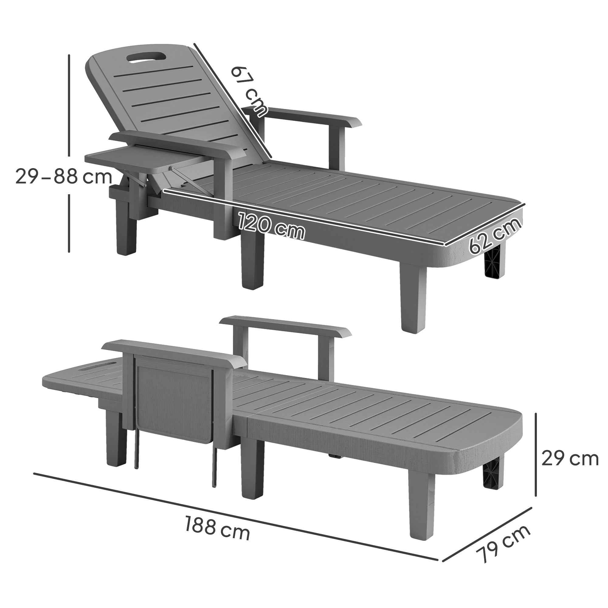 Outsunny Set of 2 Adjustable Garden Loungers with Table and Armrests, in Polypropylene, 79x158x88 cm, Dark Grey