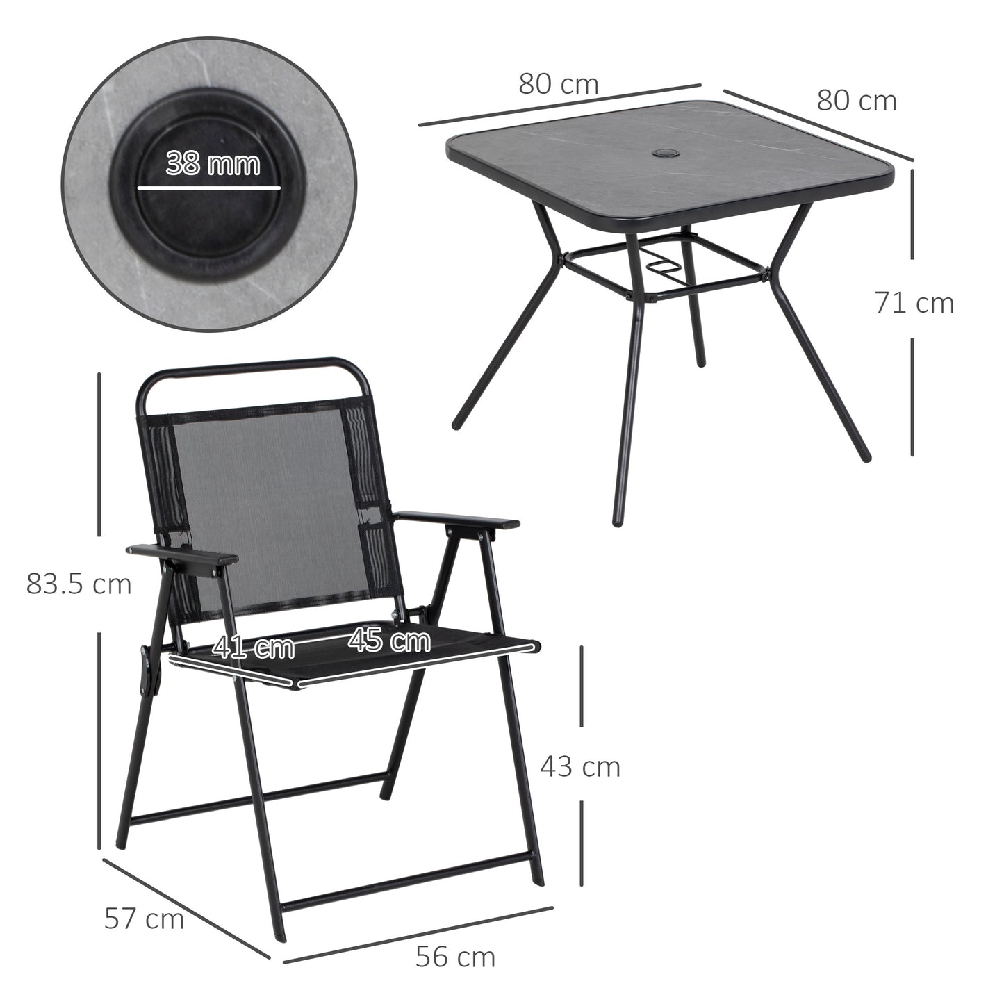 Outsunny garden set with 4 folding chairs with armrests and table with hole for umbrella, black - Borgè