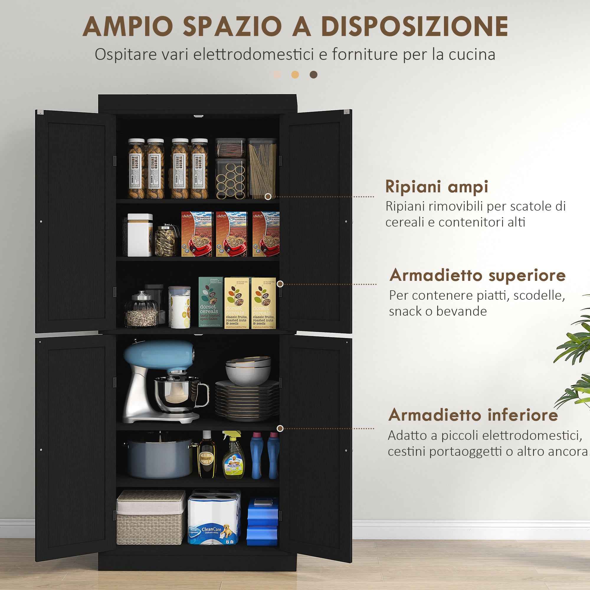 HOMCOM Tall Kitchen Cabinet with 6 Adjustable Shelves and 4 Wooden Doors, 76x40.5x184 cm, Black