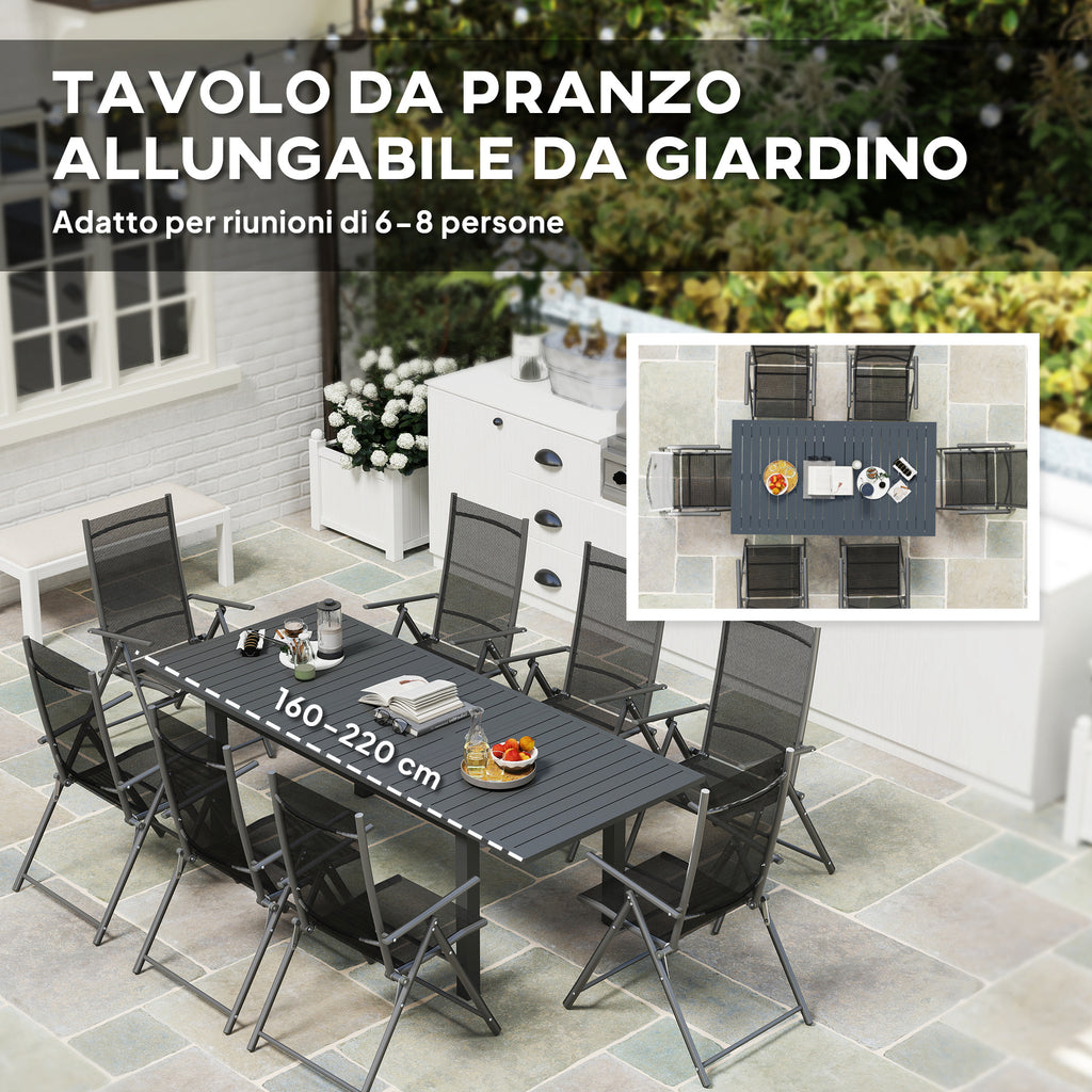 Extendable Garden Table 160-220 cm for 6-8 People Rectangular in Aluminum, Grey