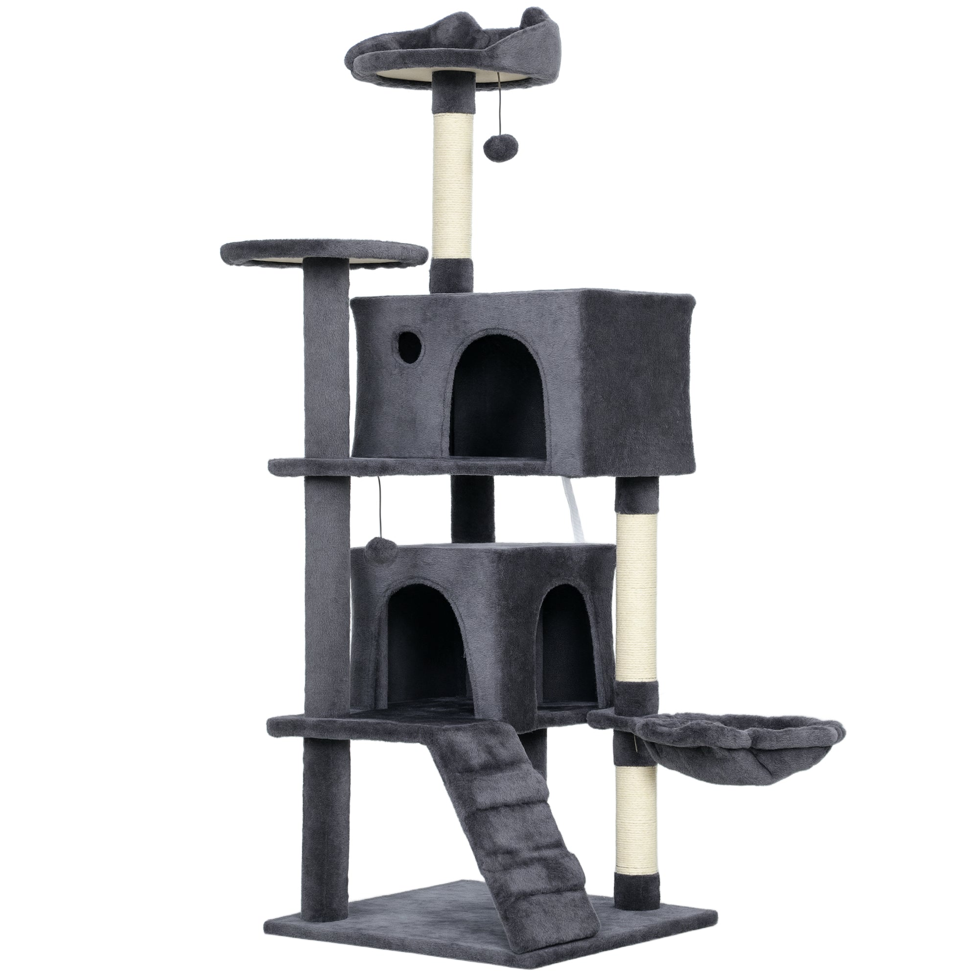 140cm Tall Cat Tree with 2 Houses, Bed and Hammock for 2-3 Cats, Plush Cover, Grey