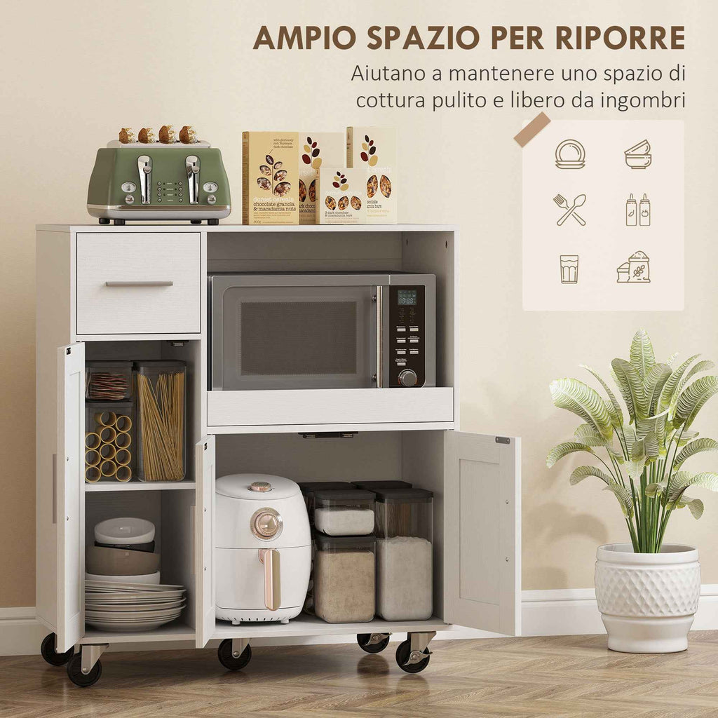 HOMCOM Wooden Microwave Cabinet with Drawer, 2 Cupboards, Open Shelf and Adjustable Top, 80x40x88.7 cm, White