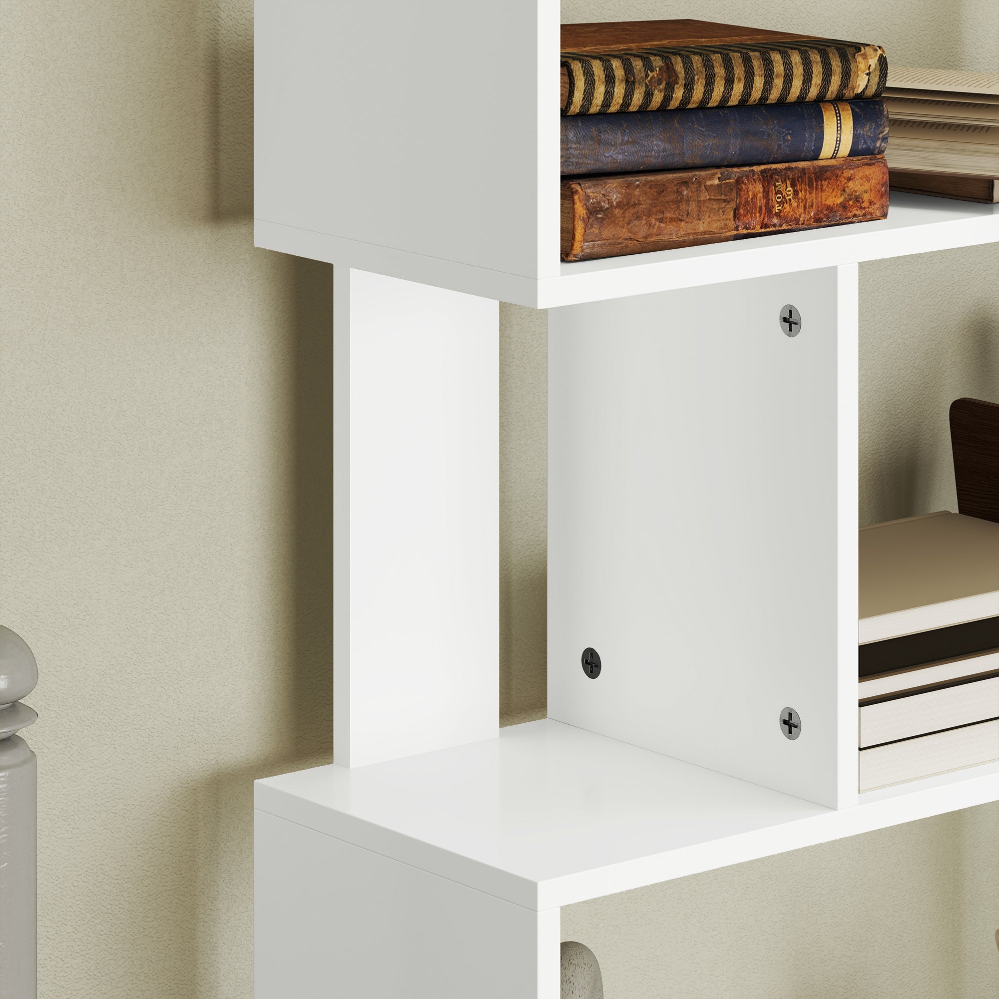 5-Tier S-Shaped Asymmetric Bookcase with 10 Open Shelves, Wooden, 80x24x159 cm, White