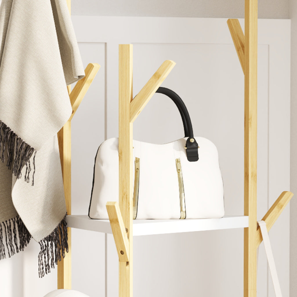 Tree Clothes Hanger in Bamboo with 8 Hooks and 3 Shelves, Natural Wood and White