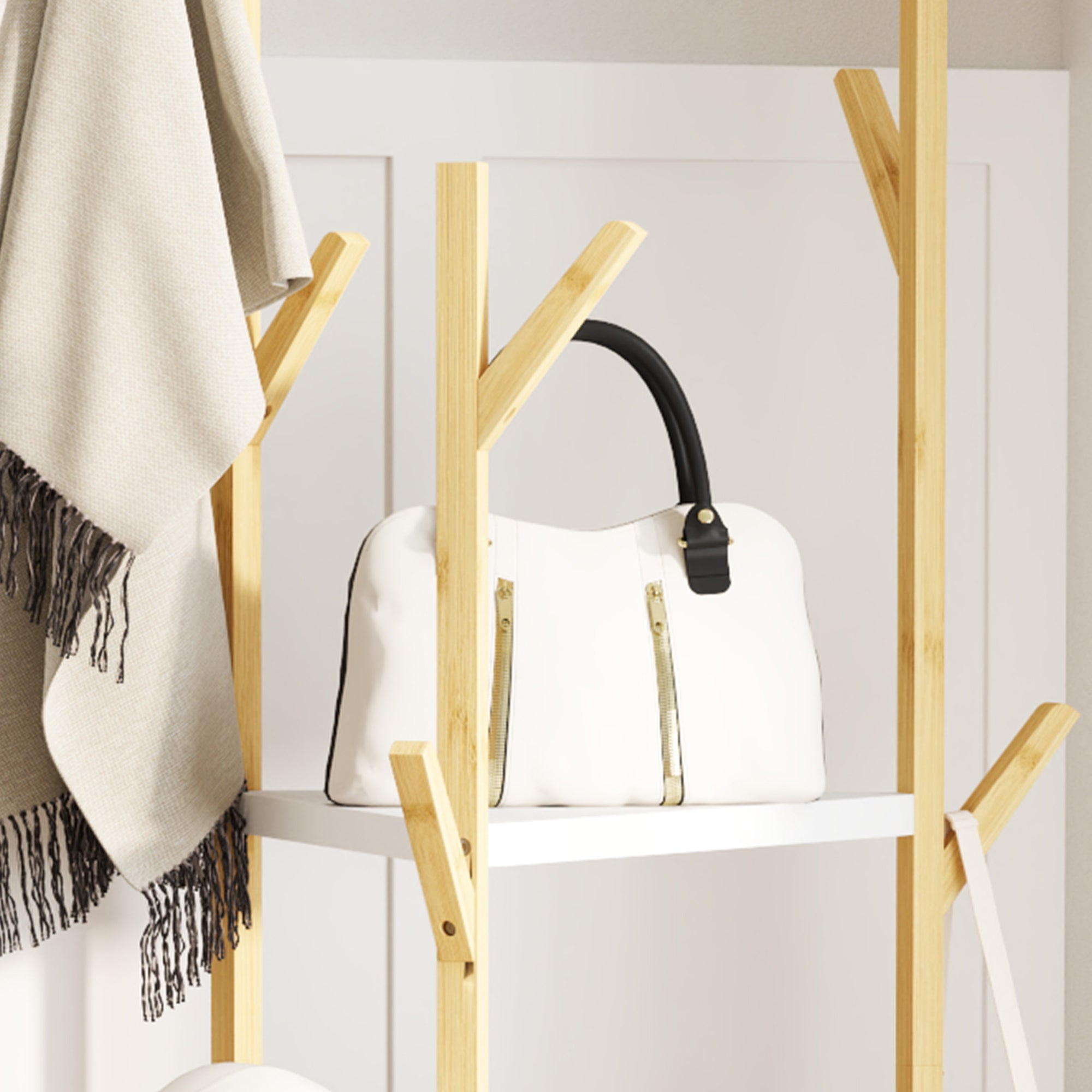 Tree Clothes Hanger in Bamboo with 8 Hooks and 3 Shelves, Natural Wood and White