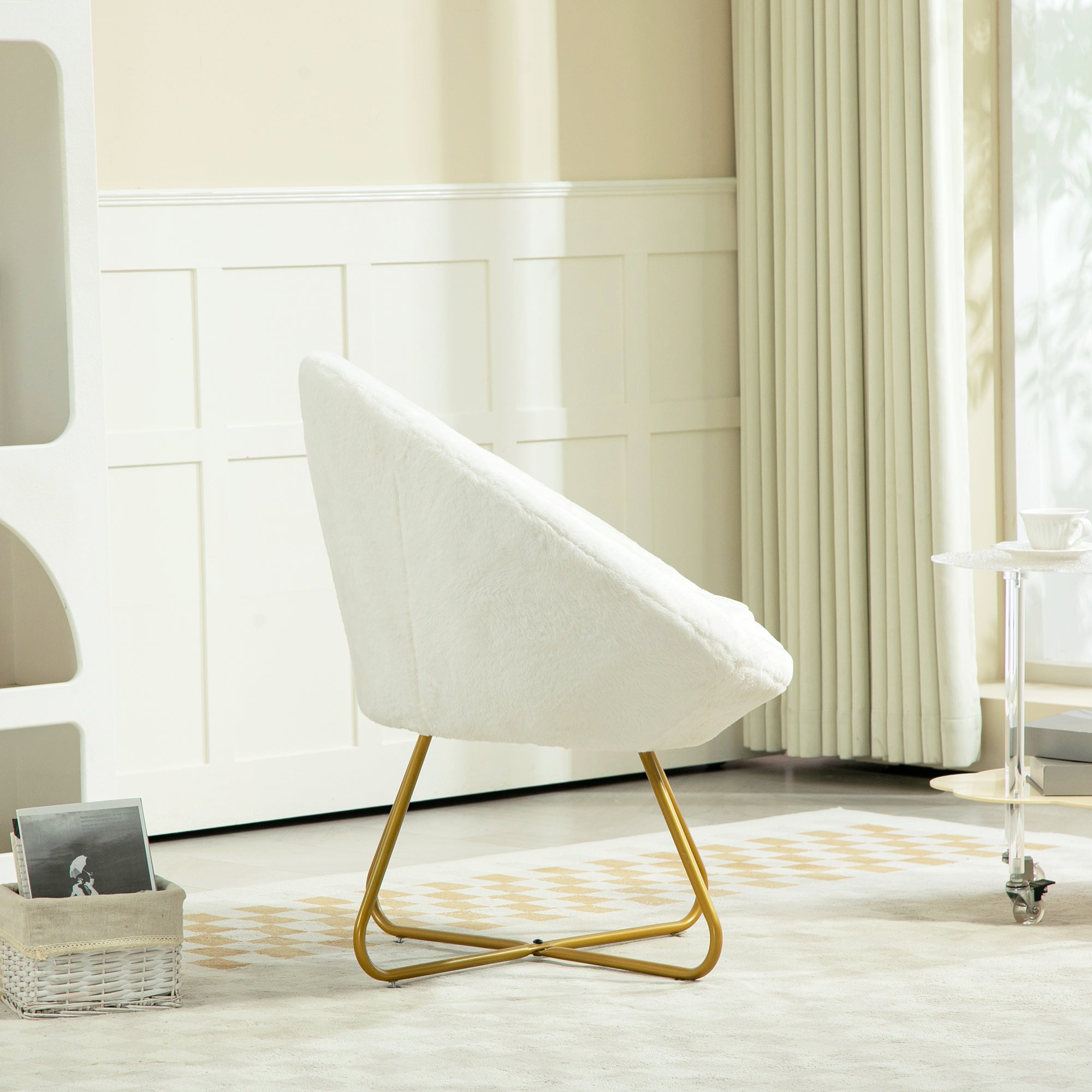 Faux Fur Bedroom Chair with Metal Legs, 75x66x79 cm, White