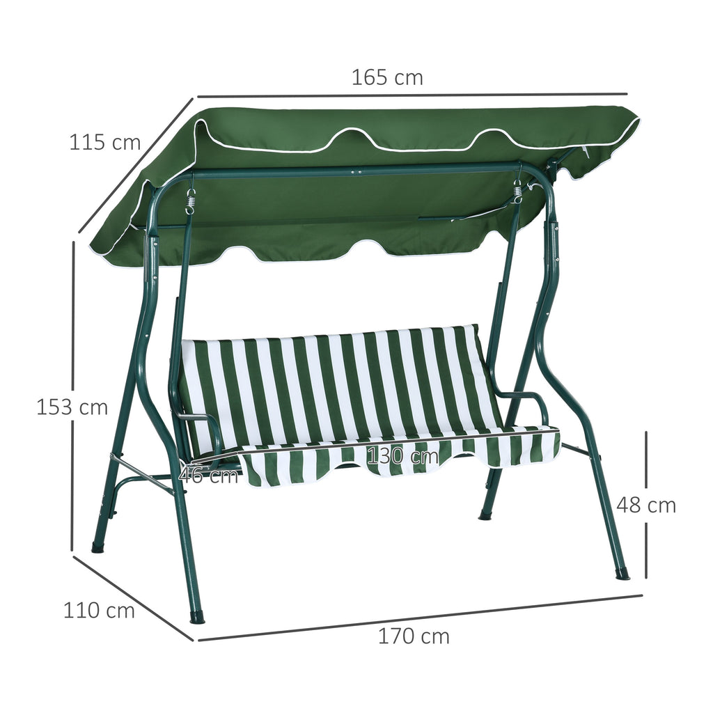 3-Seater Swing with Adjustable Canopy and Cushions, in Steel and Polyester, 170x110x153 cm, Green and White