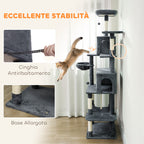 Cat Tree, 202 cm Tall, with 6 Sisal Posts, 2 Houses, 2 Hammocks and a Bed, Grey