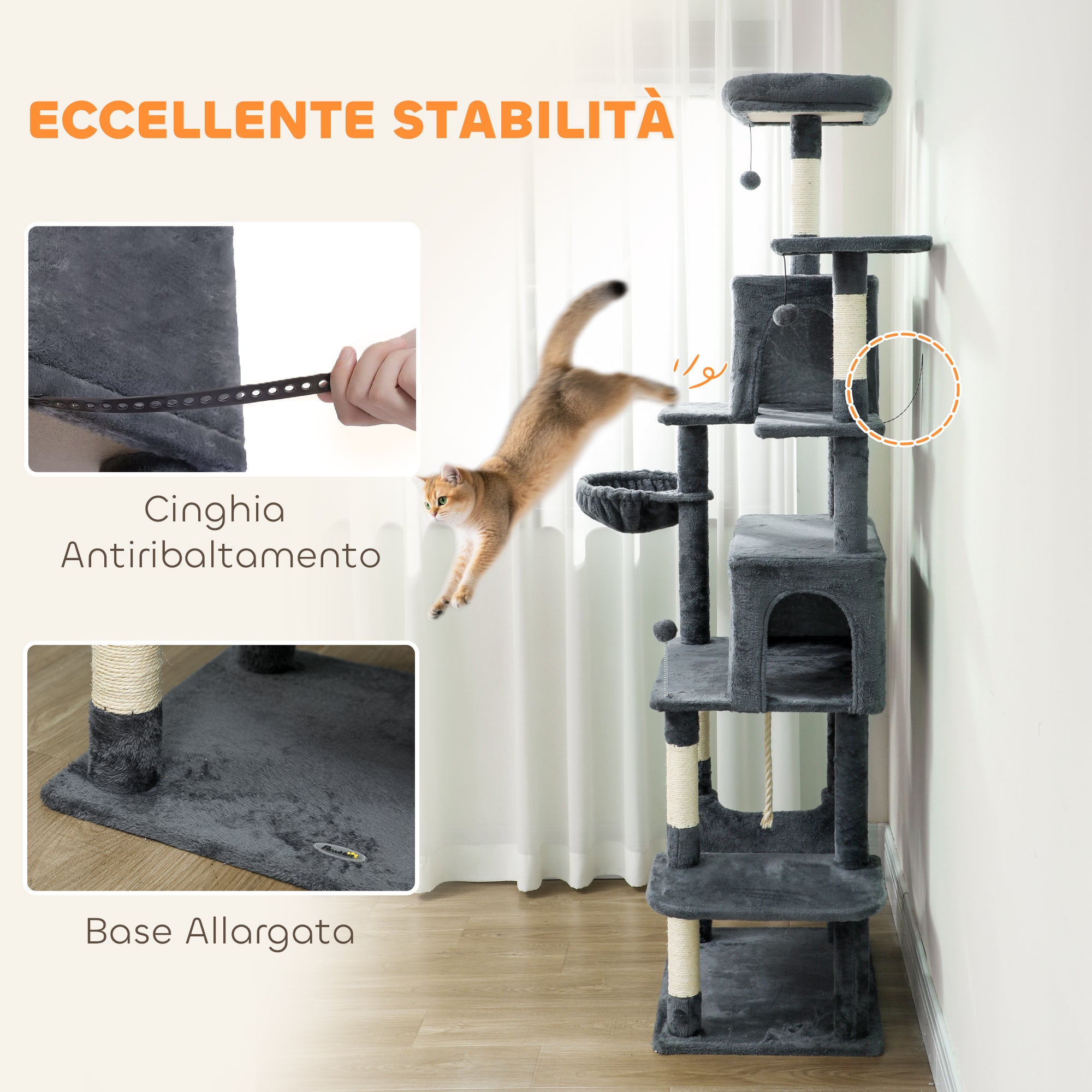 Cat Tree, 202 cm Tall, with 6 Sisal Posts, 2 Houses, 2 Hammocks and a Bed, Grey
