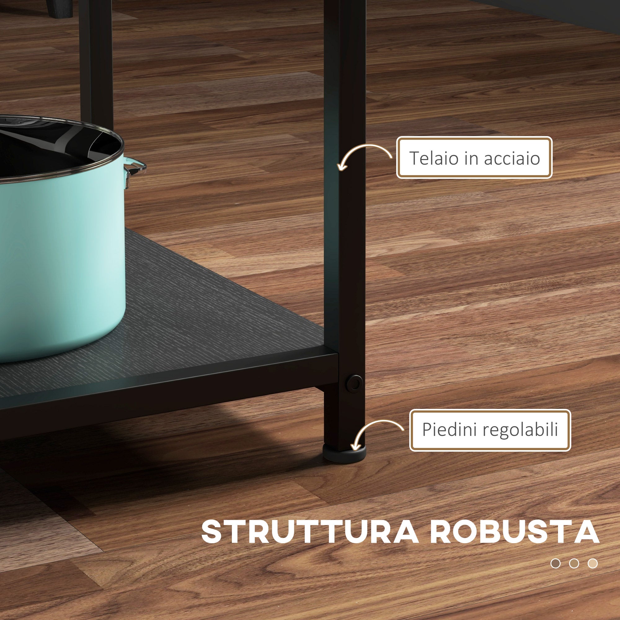 Homcom dining table for 4-6 people with 2 integrated shelves, in steel and mdf, Ø100x76 cm, black and brown - Borgè