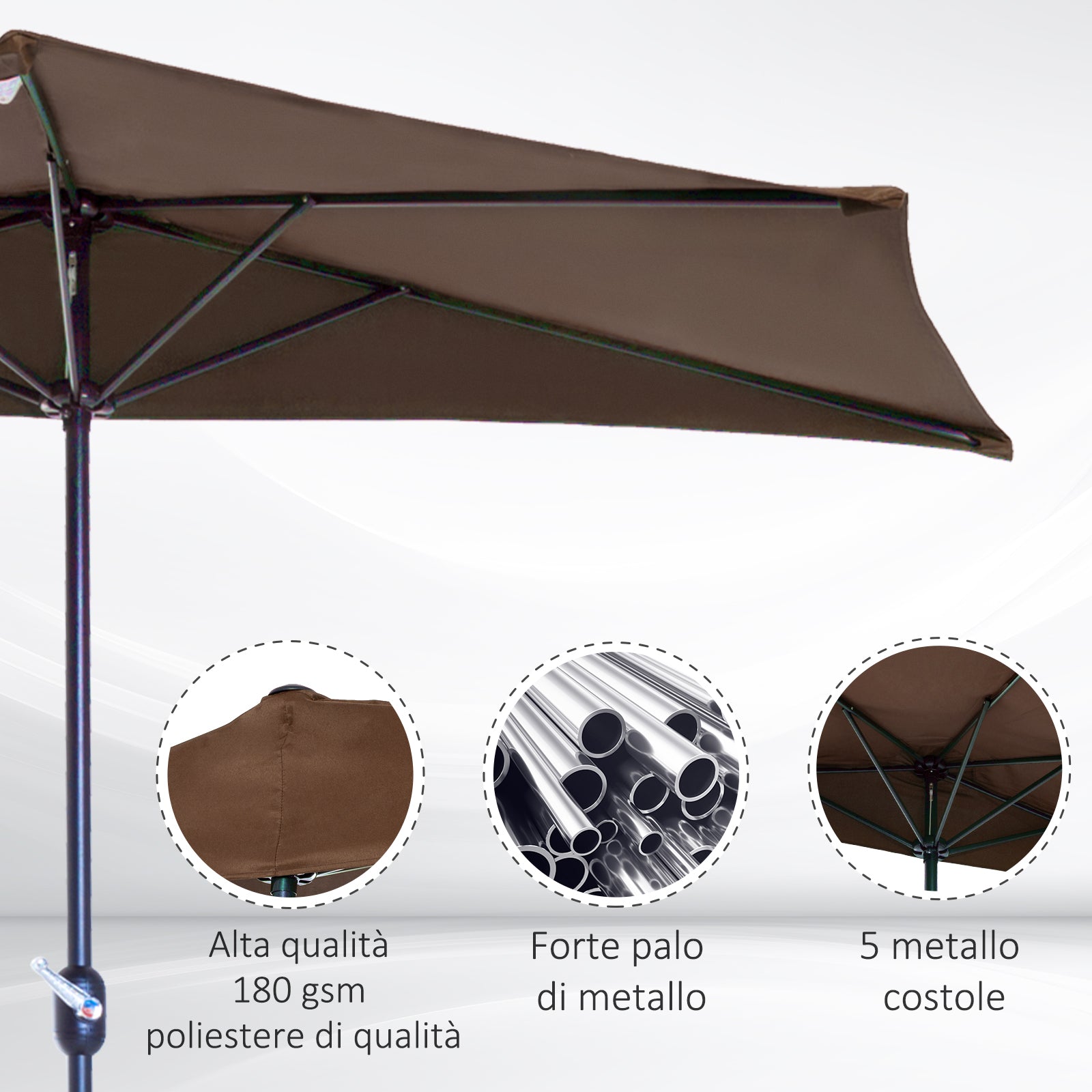 Space-Saving Mezzaluna Wall Umbrella with Crank Opening, Coffee