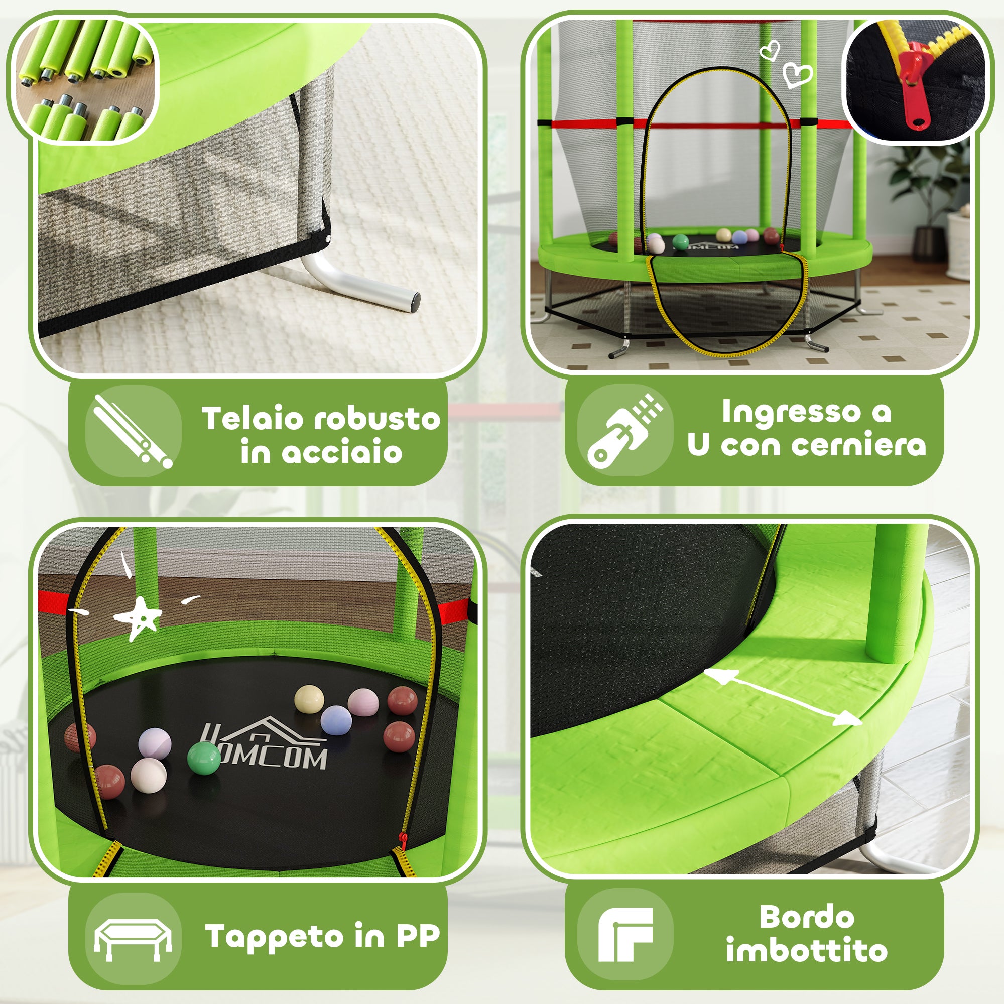 Trampoline for Children 3-6 Years with Safety Net, 6 Columns and 3 Entrances, Ø140x190 cm, Green and Black