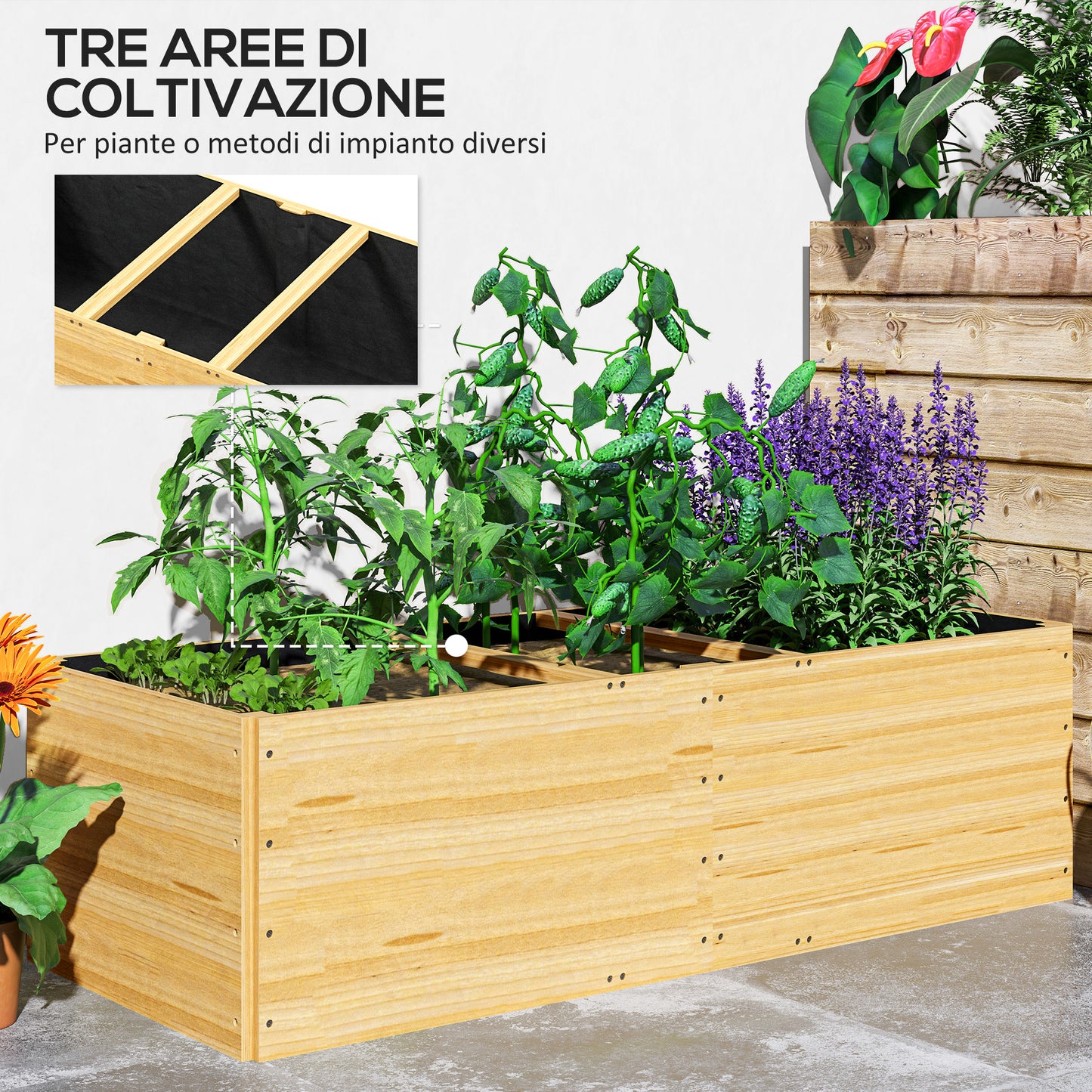 Outdoor Planter in Fir Wood Divided into 3 Areas with Non-Woven Fabric Layer, 140x60x40 cm