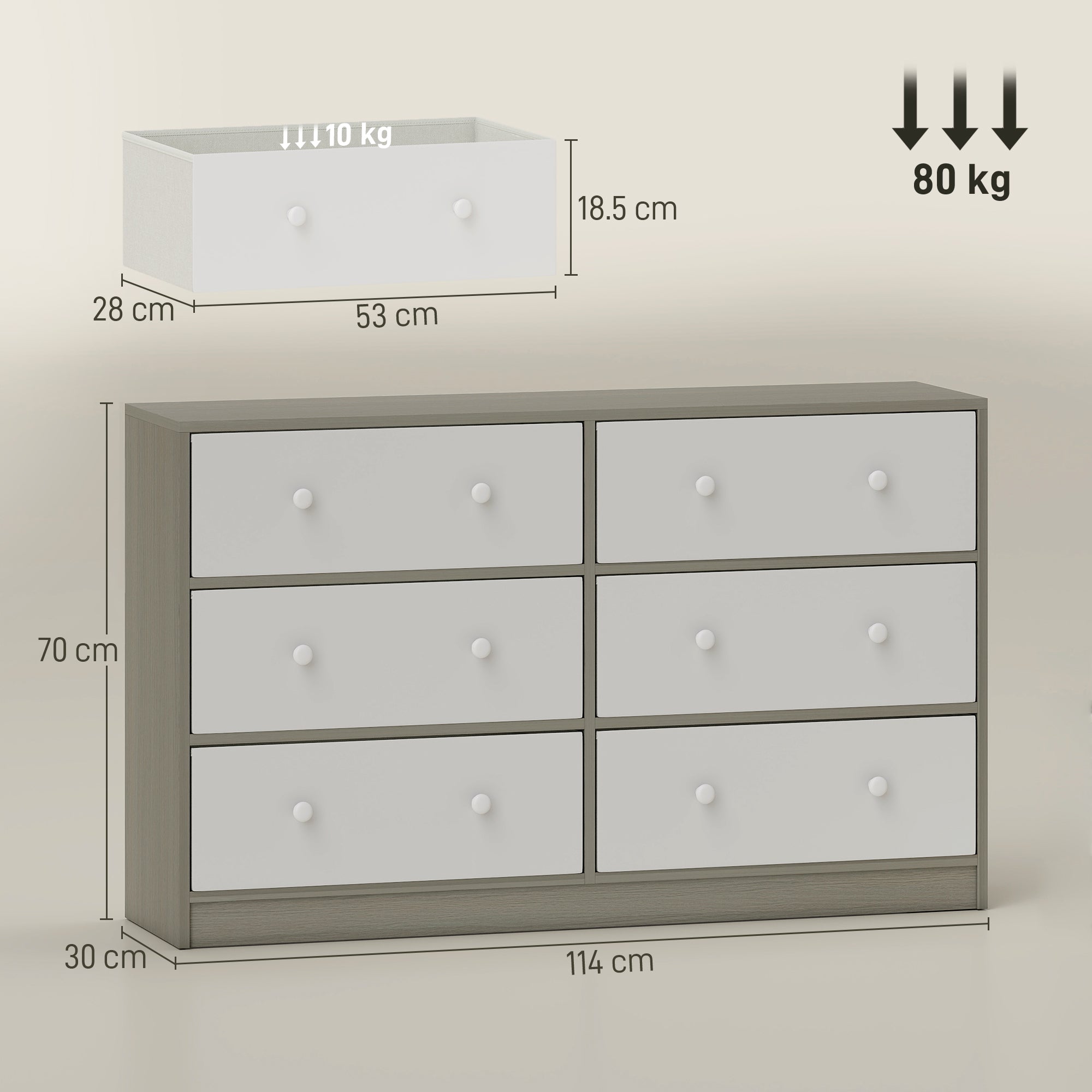 6-Drawer Folding Chest with Double Handles, Made of Wood, Steel and Fabric, 114x30x70 cm, White and Grey
