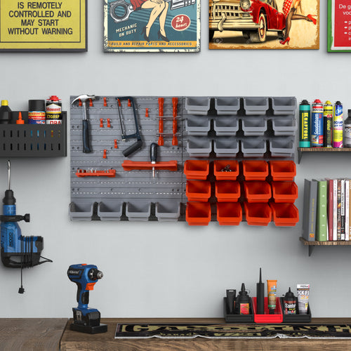 44PCS Adjustable and Removable Tool Boxes, Wall Mounted, PP, Red Grey, 54x22x95cm
