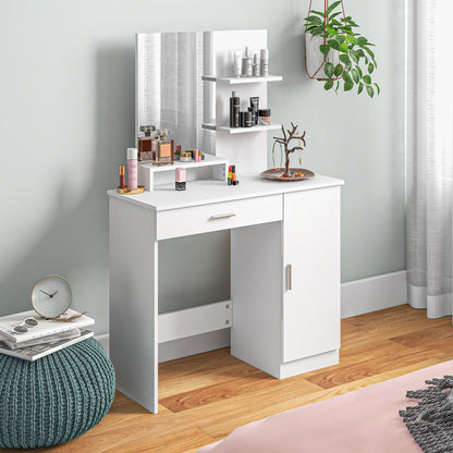 Makeup Table with Cabinet, Drawer, Open Shelves and Mirror, 90x38x138 cm, White