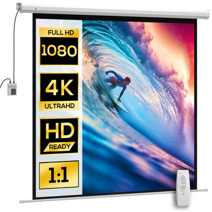 Motorized Projector Screen 85"  with Remote Control, Plastic and Metal, 176.5x8x176.5 cm, White