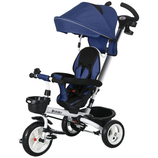 HOMCOM Children's Tricycle Stroller with Handle, Adjustable Sunshade and Safety Belt, Dark Blue